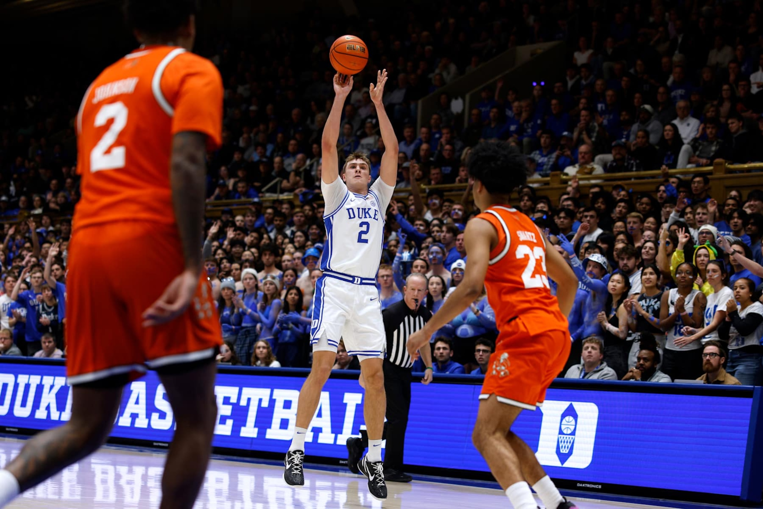 DURHAM, NORTH CAROLINA - JANUARY 14: Cooper Flagg #2 of the Duke Blue Devils puts up a three-point shot against the Miami Hurricanes during the first half at Cameron Indoor Stadium on January 14, 2025 in Durham, North Carolina. (Photo by Lance King/Getty Images) DURHAM, NORTH CAROLINA - JANUARY 14: Cooper Flagg #2 of the Duke Blue Devils puts up a three-point shot against the Miami Hurricanes during the first half at Cameron Indoor Stadium on January 14, 2025 in Durham, North Carolina. (Photo by Lance King/Getty Images)