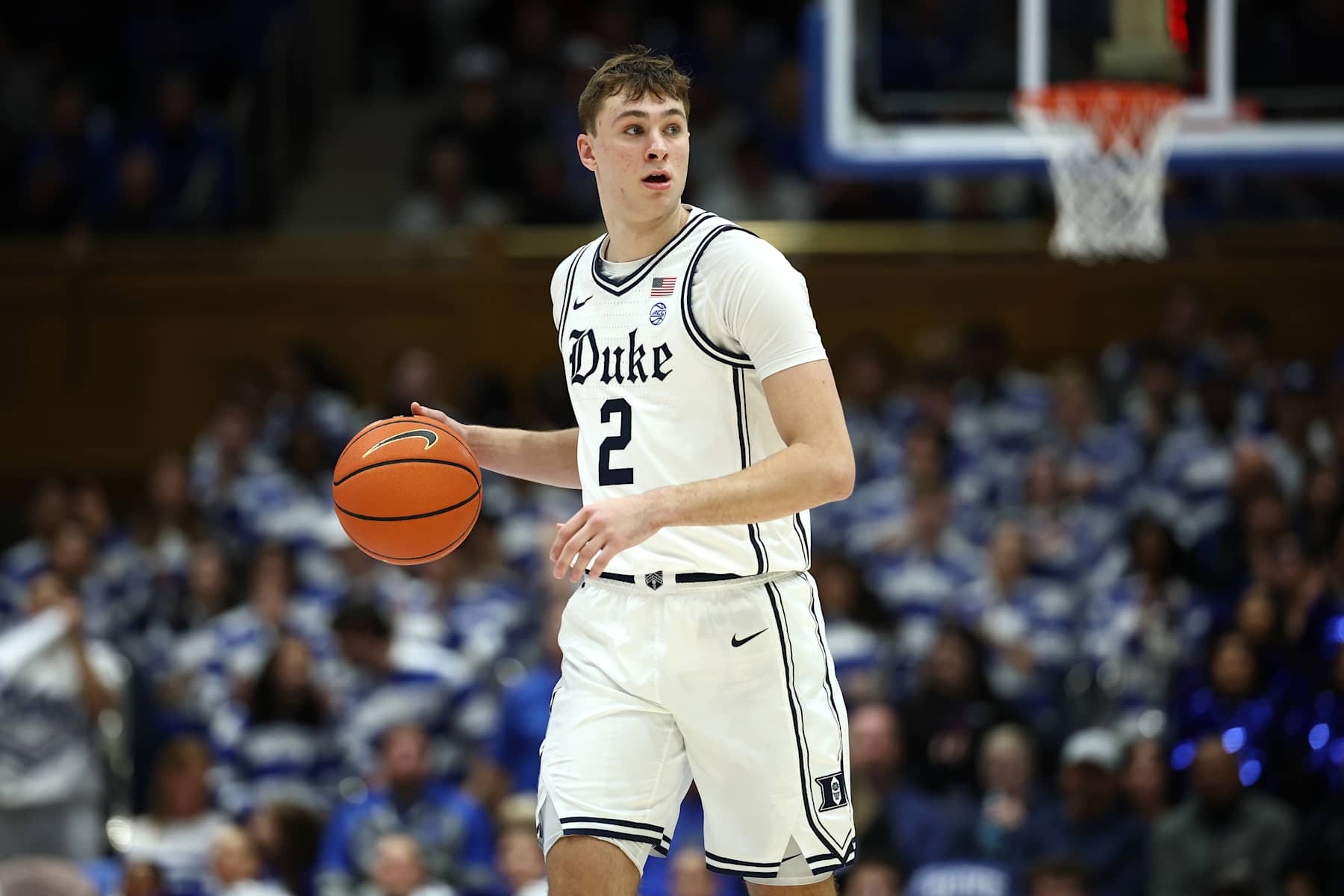 DURHAM, NORTH CAROLINA - JANUARY 11: Cooper Flagg #2 of the Duke Blue Devils brings the ball up court during the second half of the game against the Notre Dame Fighting Irish at Cameron Indoor Stadium on January 11, 2025 in Durham, North Carolina. (Photo by Jared C. Tilton/Getty Images)