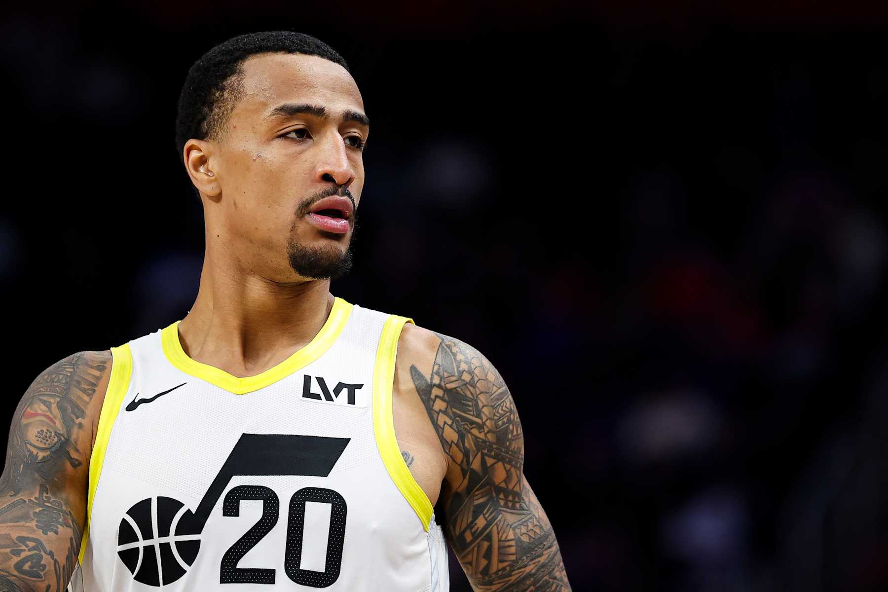 DETROIT, MICHIGAN - DECEMBER 19: John Collins #20 of the Utah Jazz looks on during the fourth quarter of a game against the Detroit Pistons at Little Caesars Arena on December 19, 2024 in Detroit, Michigan. NOTE TO USER: User expressly acknowledges and agrees that, by downloading and or using this photograph, User is consenting to the terms and conditions of the Getty Images License Agreement. (Photo by Mike Mulholland/Getty Images)