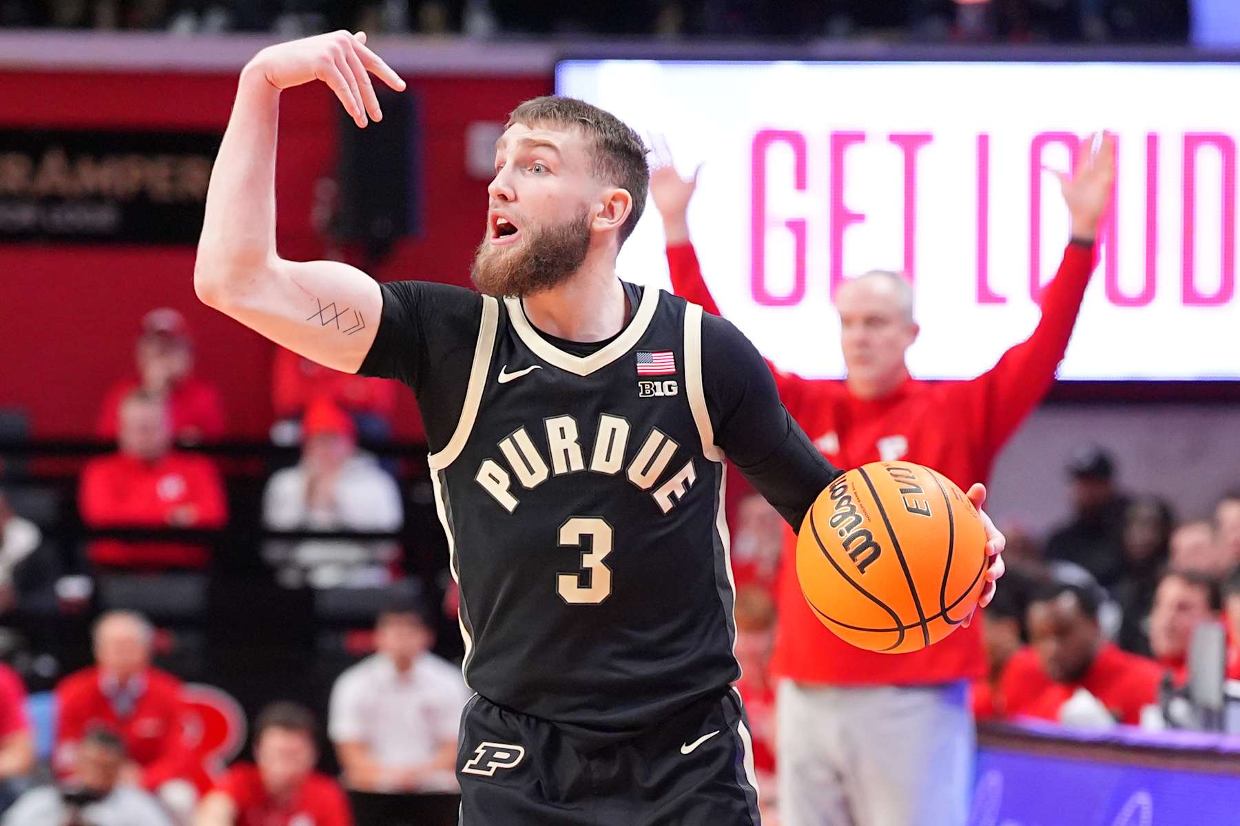 PISCATAWAY, NJ - JANUARY 09: Braden Smith (3) of the Purdue Boilermakers during the second half of the game against the Rutgers Scarlet Knights on January 9, 2025 at Jersey Mikes Arena in Piscataway, New Jersey.  (Photo by Rich Graessle/Icon Sportswire via Getty Images)