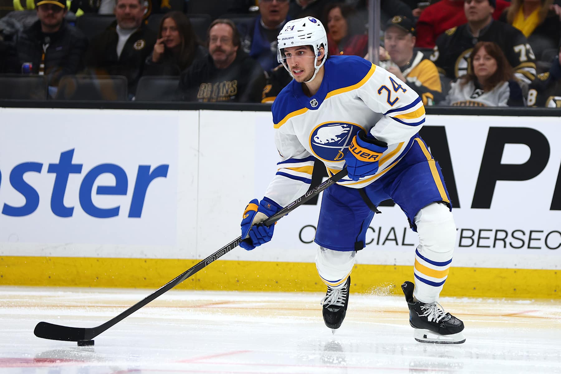 BOSTON, MASSACHUSETTS - DECEMBER 21: Dylan Cozens #24 of the Buffalo Sabres skates against the Boston Bruins during the second period at TD Garden on December 21, 2024 in Boston, Massachusetts. (Photo by Maddie Meyer/Getty Images)