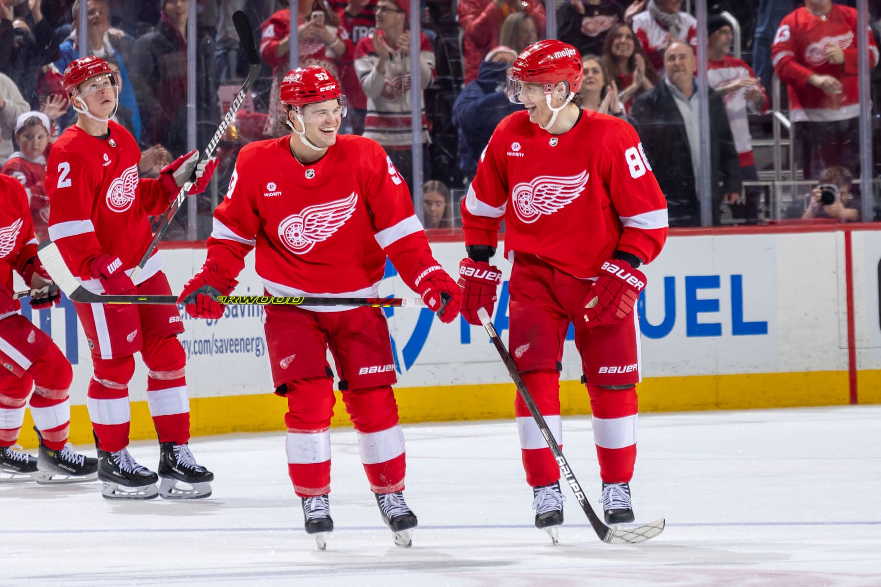 DETROIT, MI - MARCH 21: Patrick Kane #88 of the Detroit Red Wings skates around after his goal against the New York Islanders with Alex DeBrincat #93 during the third period at Little Caesars Arena on March 21, 2024 in Detroit, Michigan. Detroit defeated the New York Islanders 6-3. (Photo by Dave Reginek/NHLI via Getty Images)