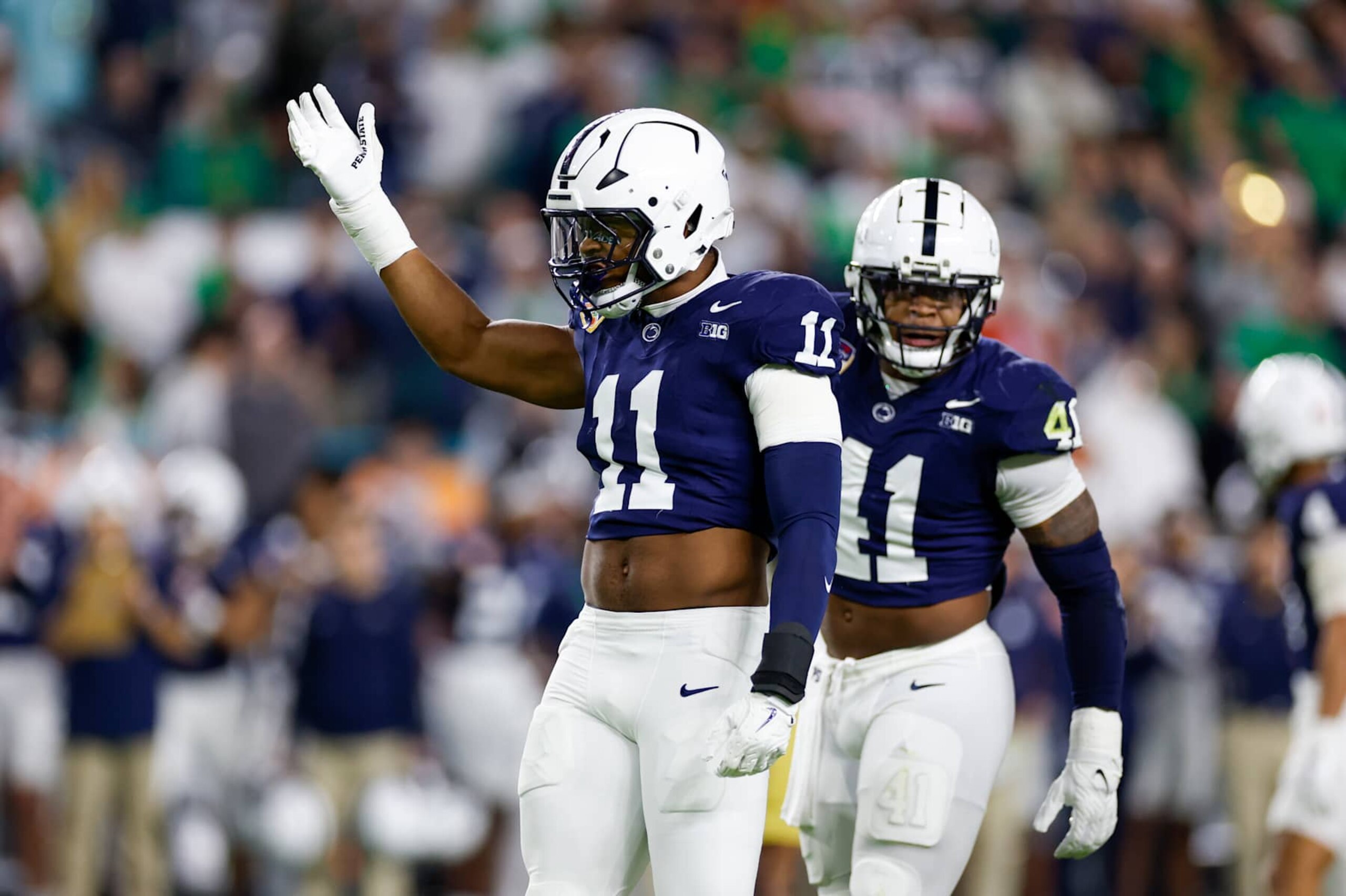 MIAMI GARDENS, FL - JANUARY 09: Defensive end #11 Abdul Carter of the Penn State Nittany Lions reacts after a play during the Penn State Nittany Lions versus the Notre Dame Fighting Irish College Football Playoff Semifinal at the Orange Bowl on January 9, 2025 at Hard Rock Stadium in Miami Gardens, Fl. (Photo by David Rosenblum/Icon Sportswire via Getty Images)