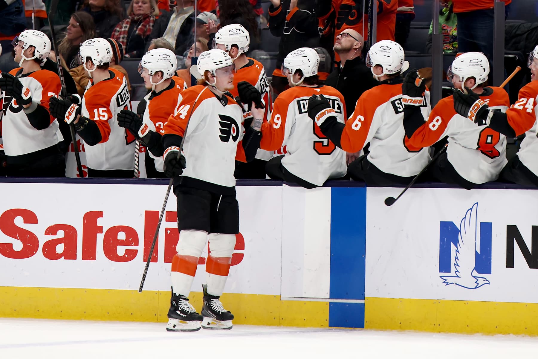 COLUMBUS, OHIO - JANUARY 14:  Owen Tippett #74 of the Philadelphia Flyers is congratulated by his teammates after scoring a goal during the third period of the game against the Columbus Blue Jackets at Nationwide Arena on January 14, 2025 in Columbus, Ohio. Columbus defeated Philadelphia 3-2 in a shootout. (Photo by Kirk Irwin/NHLI via Getty Images)