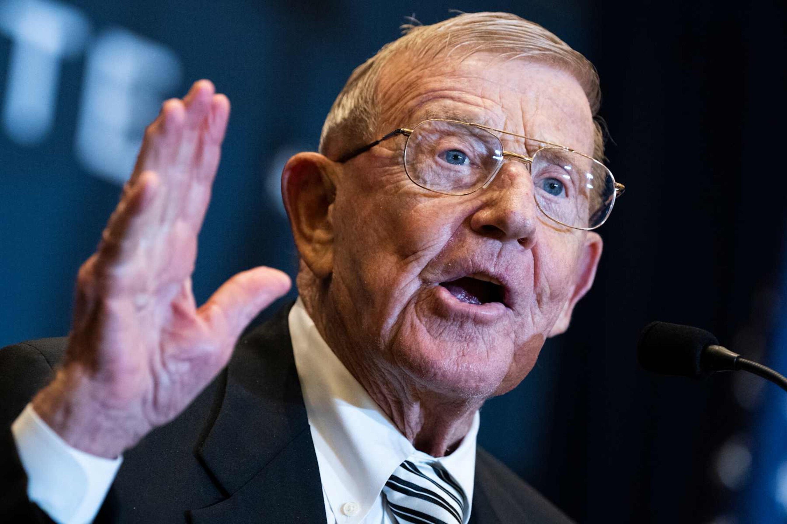 UNITED STATES - JULY 26: Lou Holtz, former Notre Dame football coach, addresses the America First Policy Institute's America First Agenda Summit at the Marriott Marquis on Tuesday, July 26, 2022. (Tom Williams/CQ-Roll Call, Inc via Getty Images) UNITED STATES - JULY 26: Lou Holtz, former Notre Dame football coach, addresses the America First Policy Institute's America First Agenda Summit at the Marriott Marquis on Tuesday, July 26, 2022. (Tom Williams/CQ-Roll Call, Inc via Getty Images)