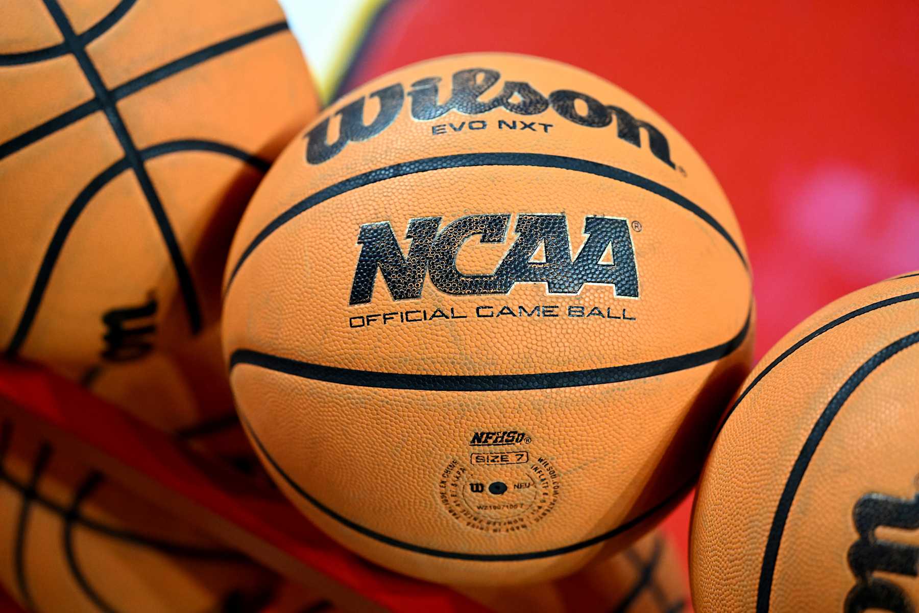 COLLEGE PARK, MARYLAND - DECEMBER 04: A view of the NCAA logo on a basketball before the game between the Maryland Terrapins and the Ohio State Buckeyes at Xfinity Center on December 04, 2024 in College Park, Maryland. (Photo by G Fiume/Getty Images)