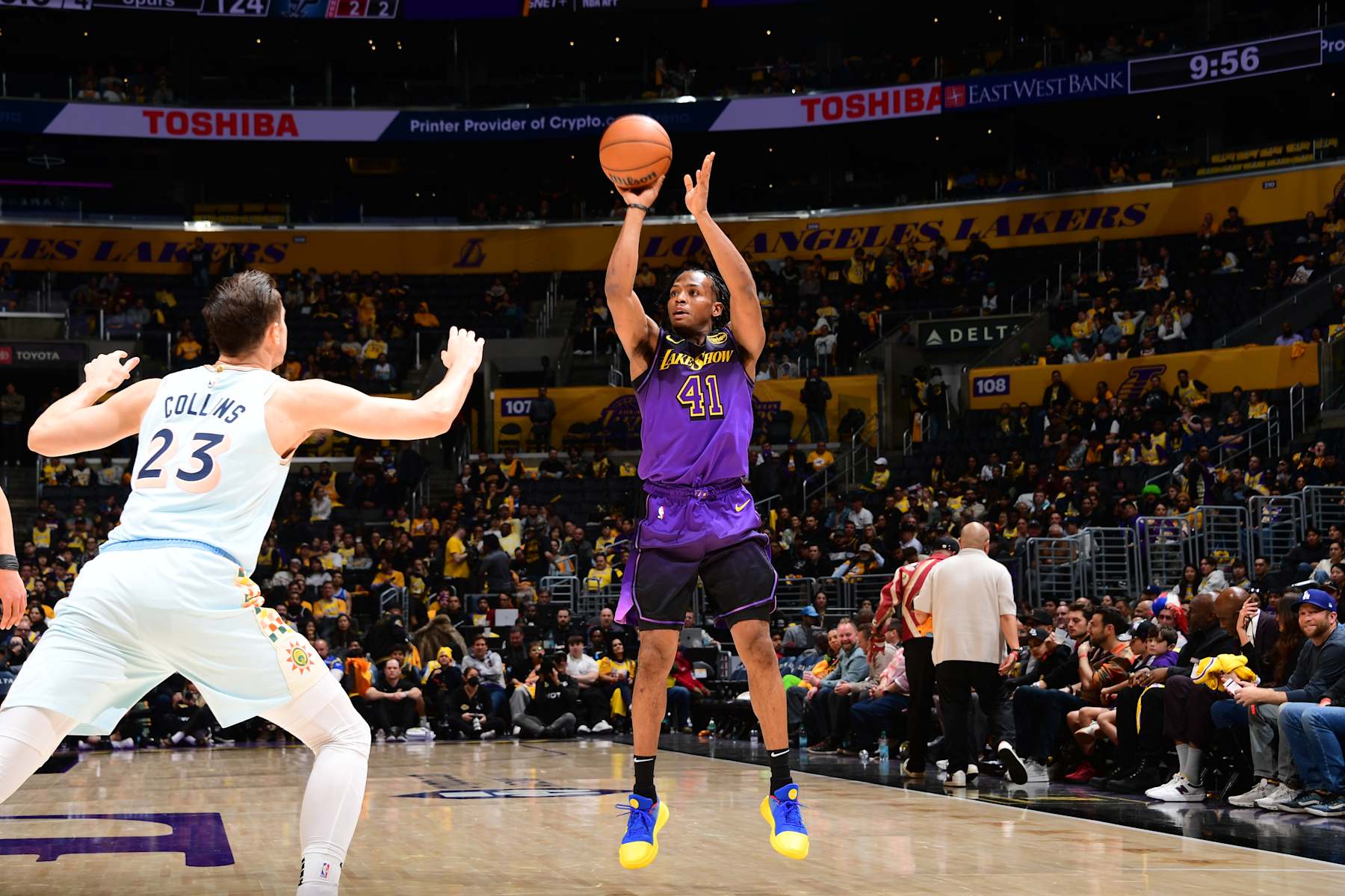 LOS ANGELES, CA - JANUARY 13: Quincy Olivari #41 of the Los Angeles Lakers shoots a three point basket during the game against the San Antonio Spurs on January 13, 2025 at Crypto.Com Arena in Los Angeles, California. NOTE TO USER: User expressly acknowledges and agrees that, by downloading and/or using this Photograph, user is consenting to the terms and conditions of the Getty Images License Agreement. Mandatory Copyright Notice: Copyright 2025 NBAE (Photo by Adam Pantozzi/NBAE via Getty Images)