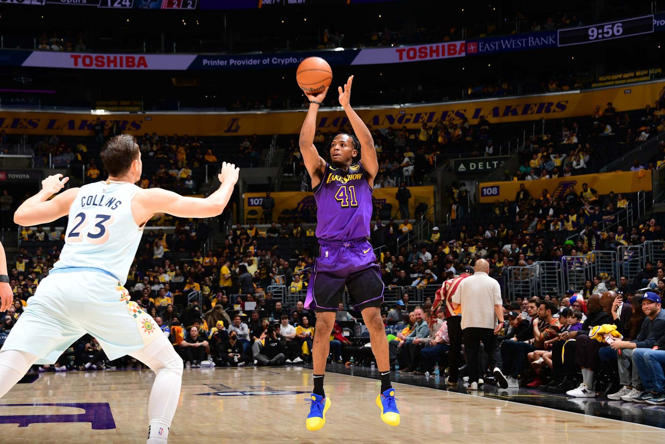 LOS ANGELES, CA - JANUARY 13: Quincy Olivari #41 of the Los Angeles Lakers shoots a three point basket during the game against the San Antonio Spurs on January 13, 2025 at Crypto.Com Arena in Los Angeles, California. NOTE TO USER: User expressly acknowledges and agrees that, by downloading and/or using this Photograph, user is consenting to the terms and conditions of the Getty Images License Agreement. Mandatory Copyright Notice: Copyright 2025 NBAE (Photo by Adam Pantozzi/NBAE via Getty Images) LOS ANGELES, CA - JANUARY 13: Quincy Olivari #41 of the Los Angeles Lakers shoots a three point basket during the game against the San Antonio Spurs on January 13, 2025 at Crypto.Com Arena in Los Angeles, California. NOTE TO USER: User expressly acknowledges and agrees that, by downloading and/or using this Photograph, user is consenting to the terms and conditions of the Getty Images License Agreement. Mandatory Copyright Notice: Copyright 2025 NBAE (Photo by Adam Pantozzi/NBAE via Getty Images)