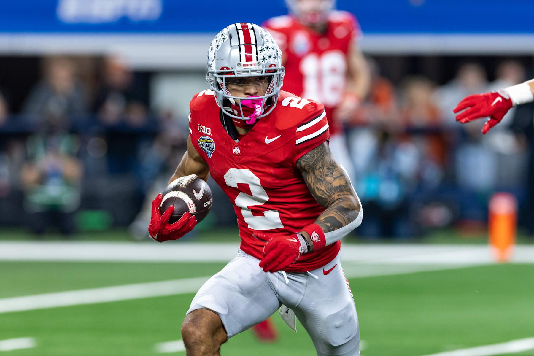 ARLINGTON, TX - JANUARY 10: Ohio State Buckeyes wide receiver Emeka Egbuka (#2) runs up field during the CFP Semifinal Cotton Bowl Classic football game between the Ohio State Buckeyes and Texas Longhorns on January 10, 2025 at AT&T Stadium in Arlington, TX. (Photo by Matthew Visinsky/Icon Sportswire via Getty Images) ARLINGTON, TX - JANUARY 10: Ohio State Buckeyes wide receiver Emeka Egbuka (#2) runs up field during the CFP Semifinal Cotton Bowl Classic football game between the Ohio State Buckeyes and Texas Longhorns on January 10, 2025 at AT&T Stadium in Arlington, TX. (Photo by Matthew Visinsky/Icon Sportswire via Getty Images)