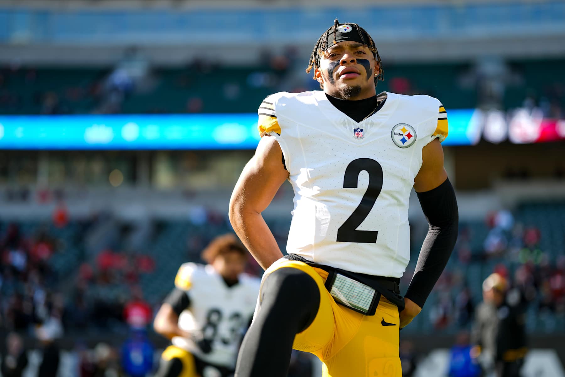 CINCINNATI, OHIO - DECEMBER 1: Quarterback Justin Fields #2 of the Pittsburgh Steelers stretches prior to an NFL football game against the Cincinnati Bengals, at Paycor Stadium on December 1, 2024 in Cincinnati, Ohio. (Photo by Todd Rosenberg/Getty Images)