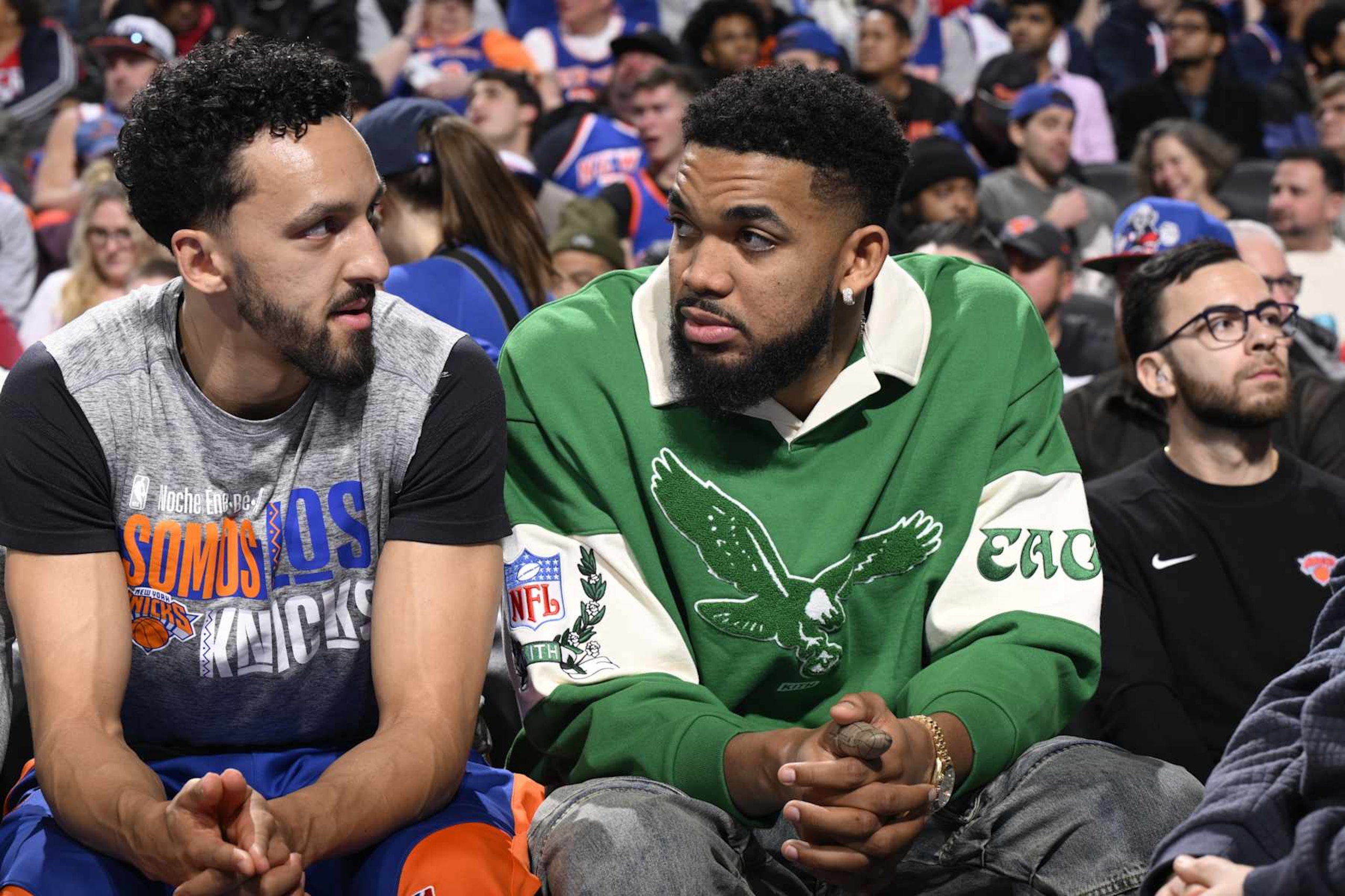 PHILADELPHIA, PA - JANUARY 15: Landry Shamet #44 and Karl-Anthony Towns #32 of the New York Knicks look on during the game against the Philadelphia 76ers on January 15, 2025 at the Wells Fargo Center in Philadelphia, Pennsylvania NOTE TO USER: User expressly acknowledges and agrees that, by downloading and/or using this Photograph, user is consenting to the terms and conditions of the Getty Images License Agreement. Mandatory Copyright Notice: Copyright 2025 NBAE (Photo by David Dow/NBAE via Getty Images) PHILADELPHIA, PA - JANUARY 15: Landry Shamet #44 and Karl-Anthony Towns #32 of the New York Knicks look on during the game against the Philadelphia 76ers on January 15, 2025 at the Wells Fargo Center in Philadelphia, Pennsylvania NOTE TO USER: User expressly acknowledges and agrees that, by downloading and/or using this Photograph, user is consenting to the terms and conditions of the Getty Images License Agreement. Mandatory Copyright Notice: Copyright 2025 NBAE (Photo by David Dow/NBAE via Getty Images)