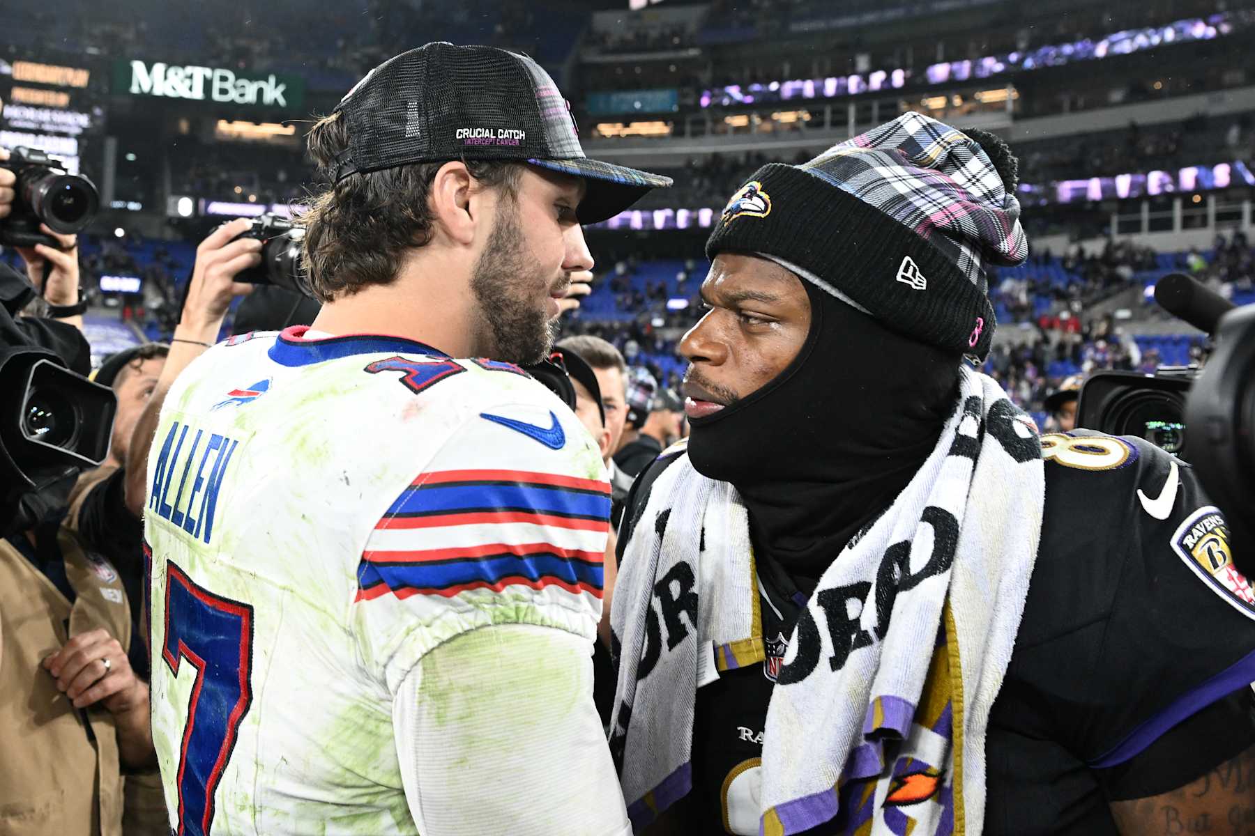 BALTIMORE, MARYLAND - SEPTEMBER 29: Josh Allen #17 of the Buffalo Bills and Lamar Jackson #8 of the Baltimore Ravens embrace after the game at M&T Bank Stadium on September 29, 2024 in Baltimore, Maryland. (Photo by Greg Fiume/Getty Images)