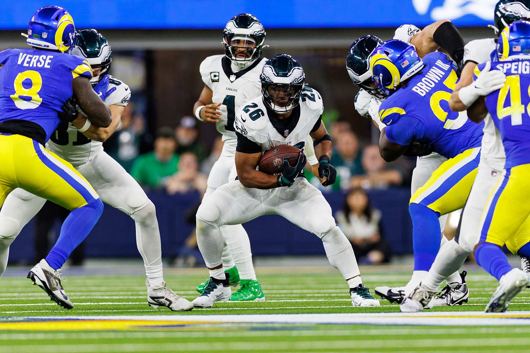 INGLEWOOD, CALIFORNIA - NOVEMBER 24: Running back Saquon Barkley #26 of the Philadelphia Eagles carries the ball during an NFL football game against the Los Angeles Rams, at SoFi Stadium on November 24, 2024 in Inglewood, California. (Photo by Brooke Sutton/Getty Images)
