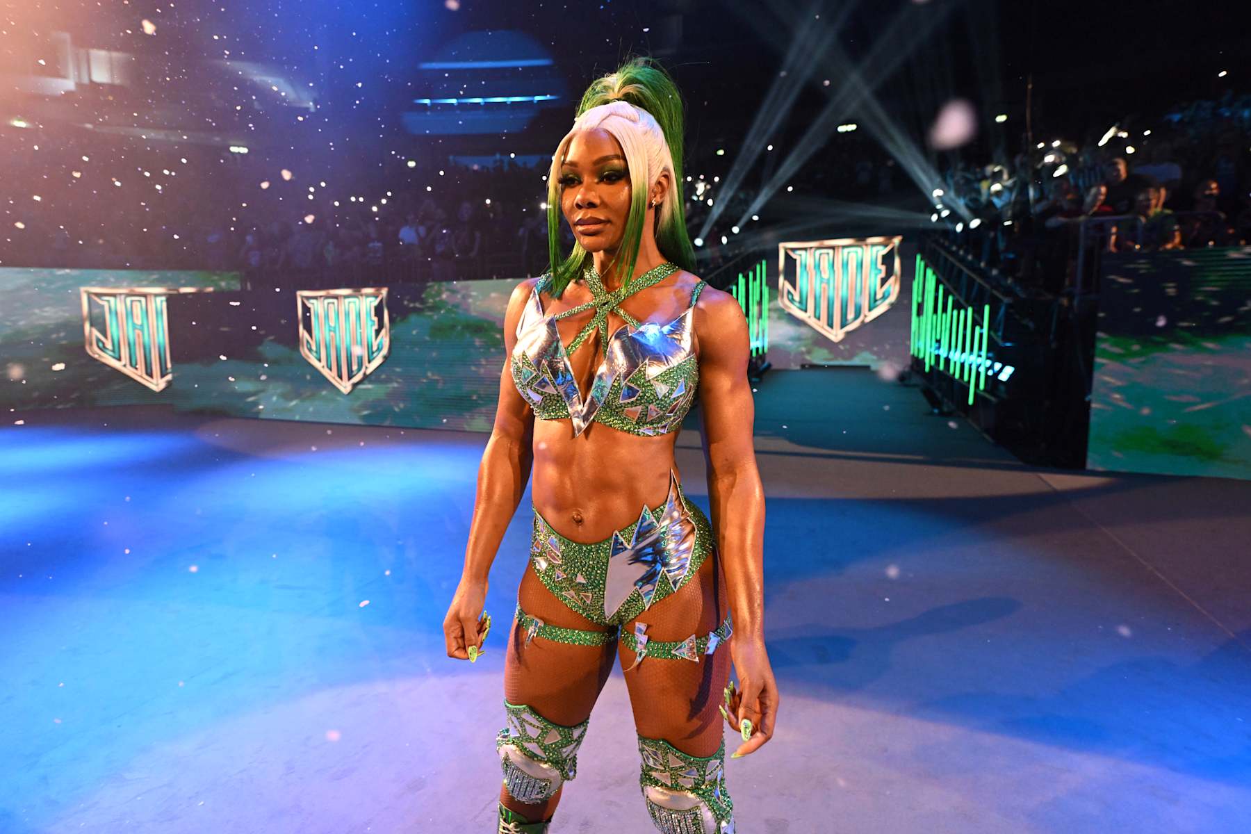 BERLIN, GERMANY - AUGUST 31: Jade Cargill makes her entrance during the WWE Bash in Berlin Premium Live Event at Uber Arena on August 31, 2024 in Berlin, Germany.  (Photo by WWE/Getty Images)