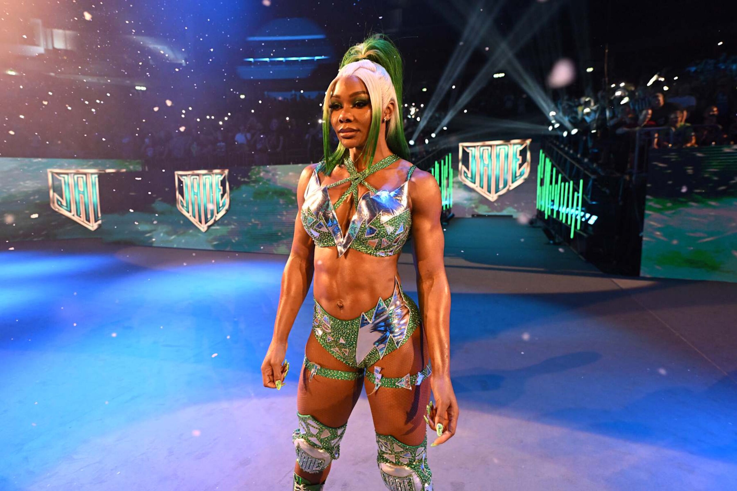 BERLIN, GERMANY - AUGUST 31: Jade Cargill makes her entrance during the WWE Bash in Berlin Premium Live Event at Uber Arena on August 31, 2024 in Berlin, Germany.  (Photo by WWE/Getty Images)