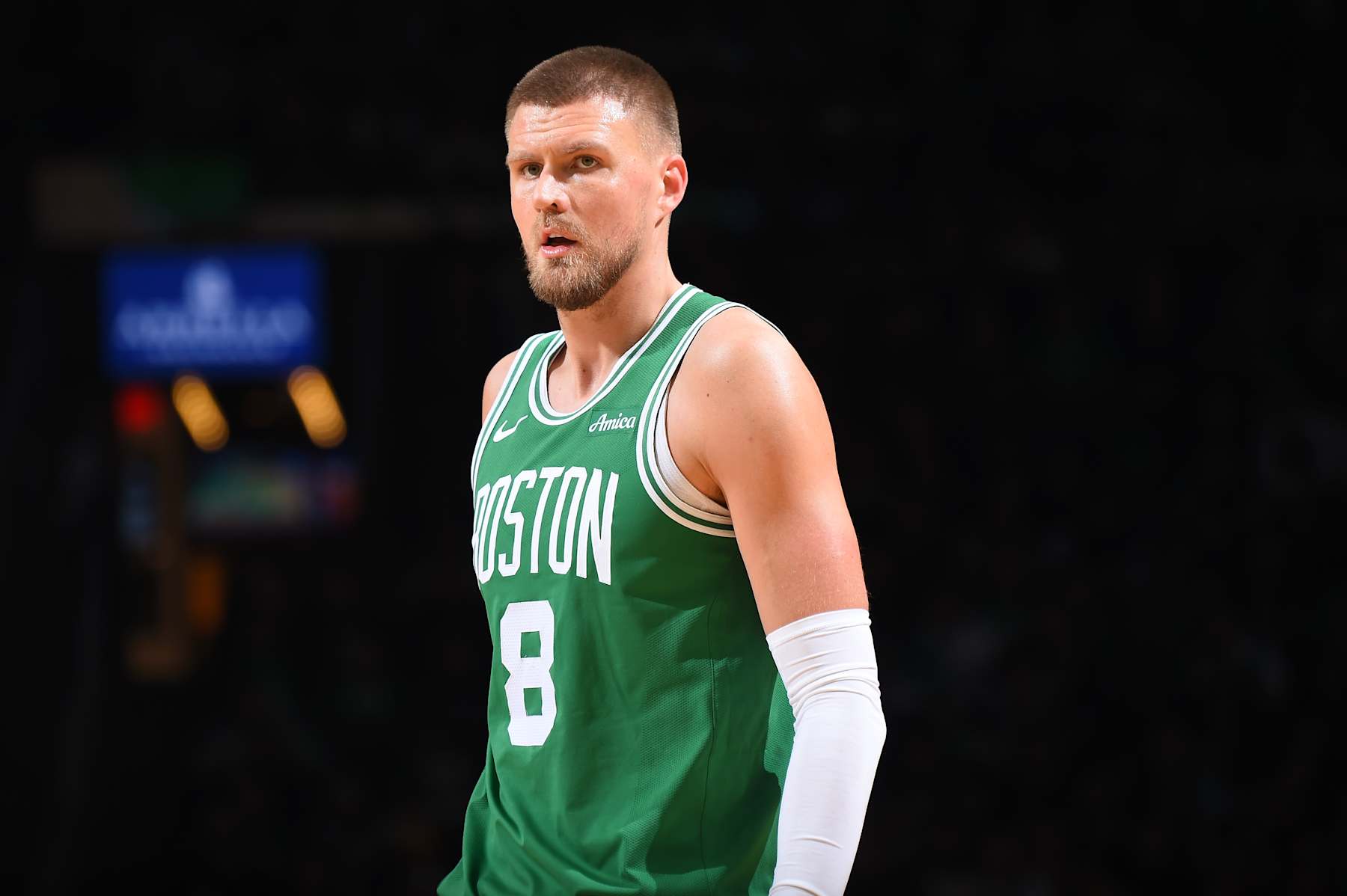 BOSTON, MA - JANUARY 12: Kristaps Porzingis #8 of the Boston Celtics looks on during the game against the New Orleans Pelicans on January 12, 2025 at TD Garden in Boston, Massachusetts. NOTE TO USER: User expressly acknowledges and agrees that, by downloading and/or using this Photograph, user is consenting to the terms and conditions of the Getty Images License Agreement. Mandatory Copyright Notice: Copyright 2025 NBAE (Photo by Brian Babineau/NBAE via Getty Images) BOSTON, MA - JANUARY 12: Kristaps Porzingis #8 of the Boston Celtics looks on during the game against the New Orleans Pelicans on January 12, 2025 at TD Garden in Boston, Massachusetts. NOTE TO USER: User expressly acknowledges and agrees that, by downloading and/or using this Photograph, user is consenting to the terms and conditions of the Getty Images License Agreement. Mandatory Copyright Notice: Copyright 2025 NBAE (Photo by Brian Babineau/NBAE via Getty Images)