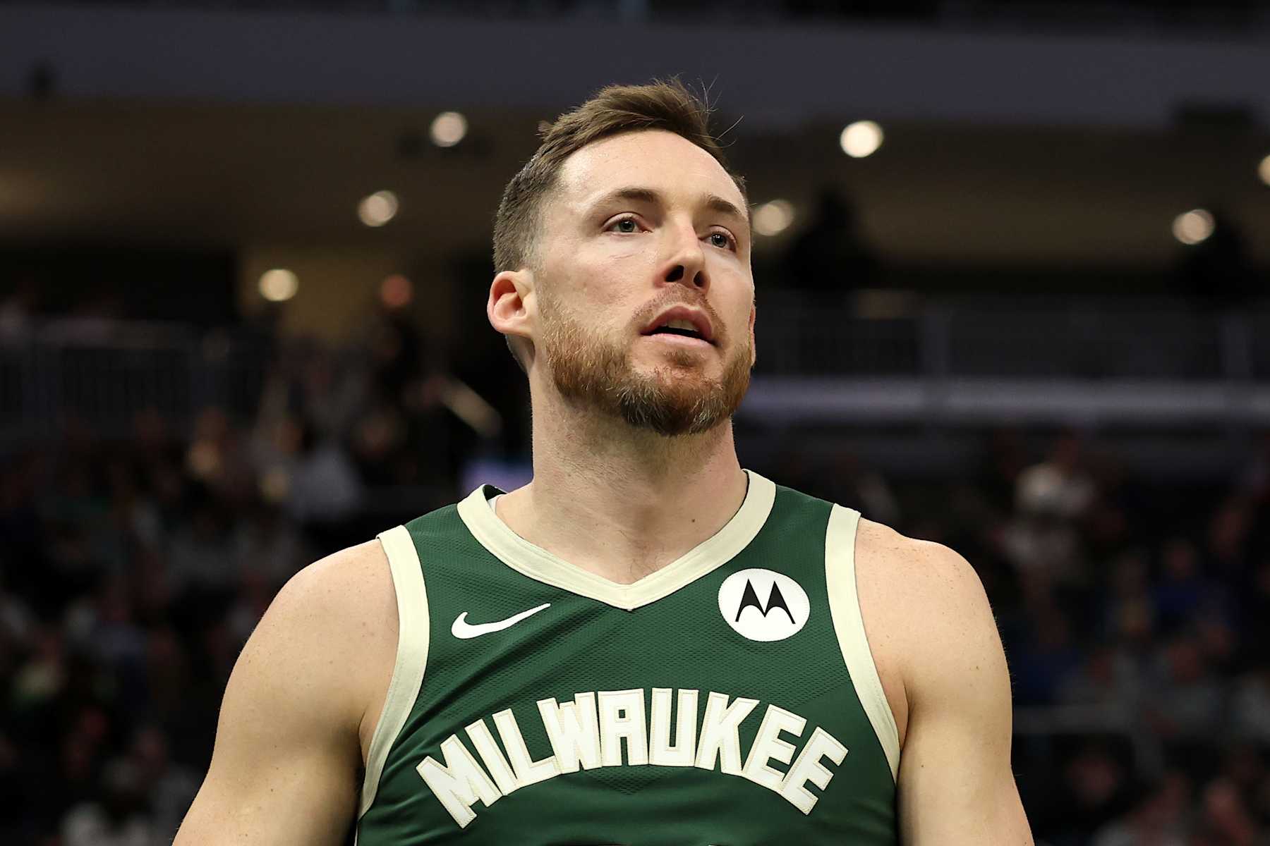 MILWAUKEE, WISCONSIN - JANUARY 14: Pat Connaughton #24 of the Milwaukee Bucks reacts to an officials call during a game against the Sacramento Kings at Fiserv Forum on January 14, 2025 in Milwaukee, Wisconsin. NOTE TO USER: User expressly acknowledges and agrees that, by downloading and or using this photograph, User is consenting to the terms and conditions of the Getty Images License Agreement. (Photo by Stacy Revere/Getty Images)