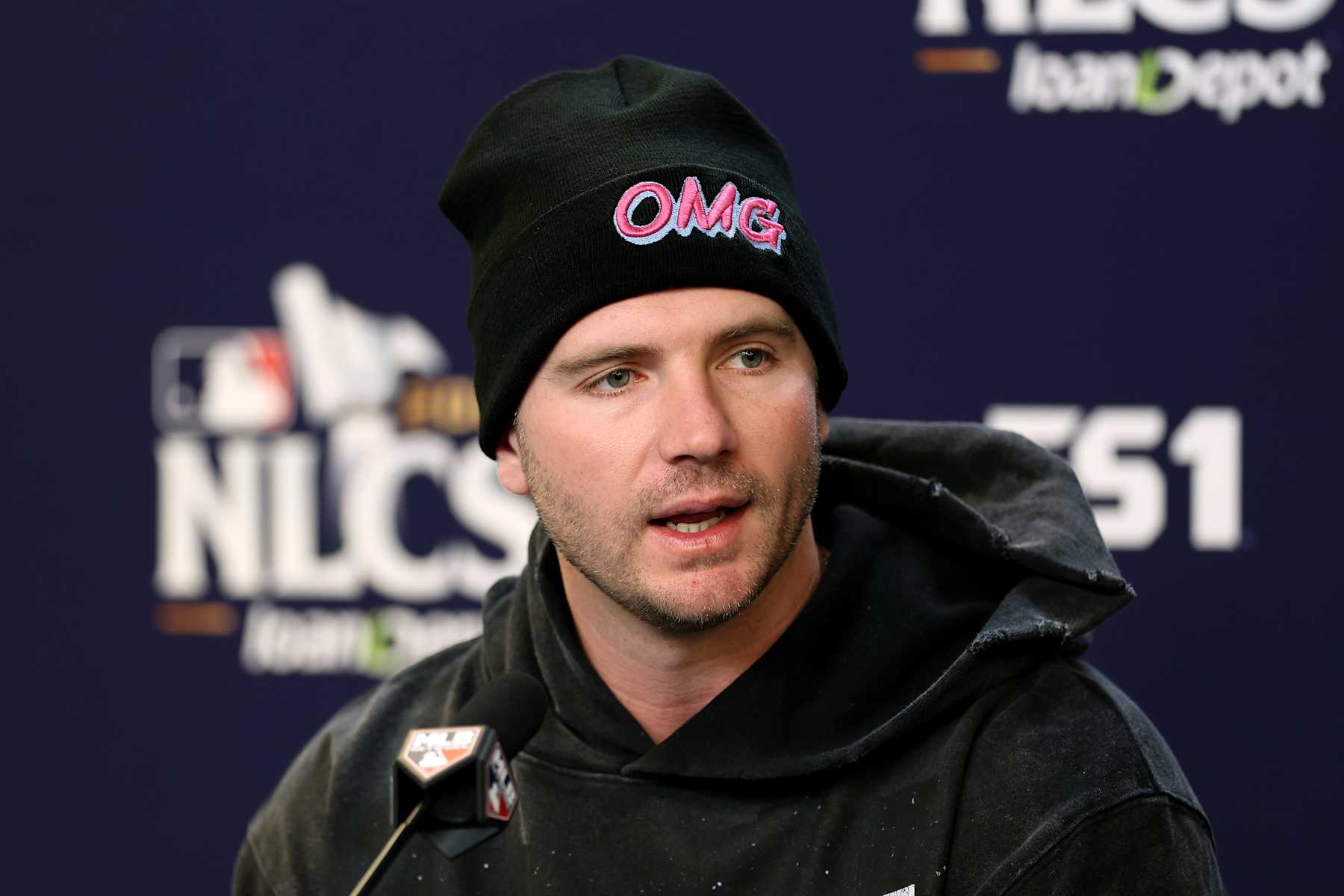 NEW YORK, NEW YORK - OCTOBER 16: Pete Alonso #20 of the New York Mets speaks to the media during a press conference before Game Three of the Championship Series against the Los Angeles Dodgers at Citi Field on October 16, 2024 in the Queens borough of New York City. (Photo by Luke Hales/Getty Images)