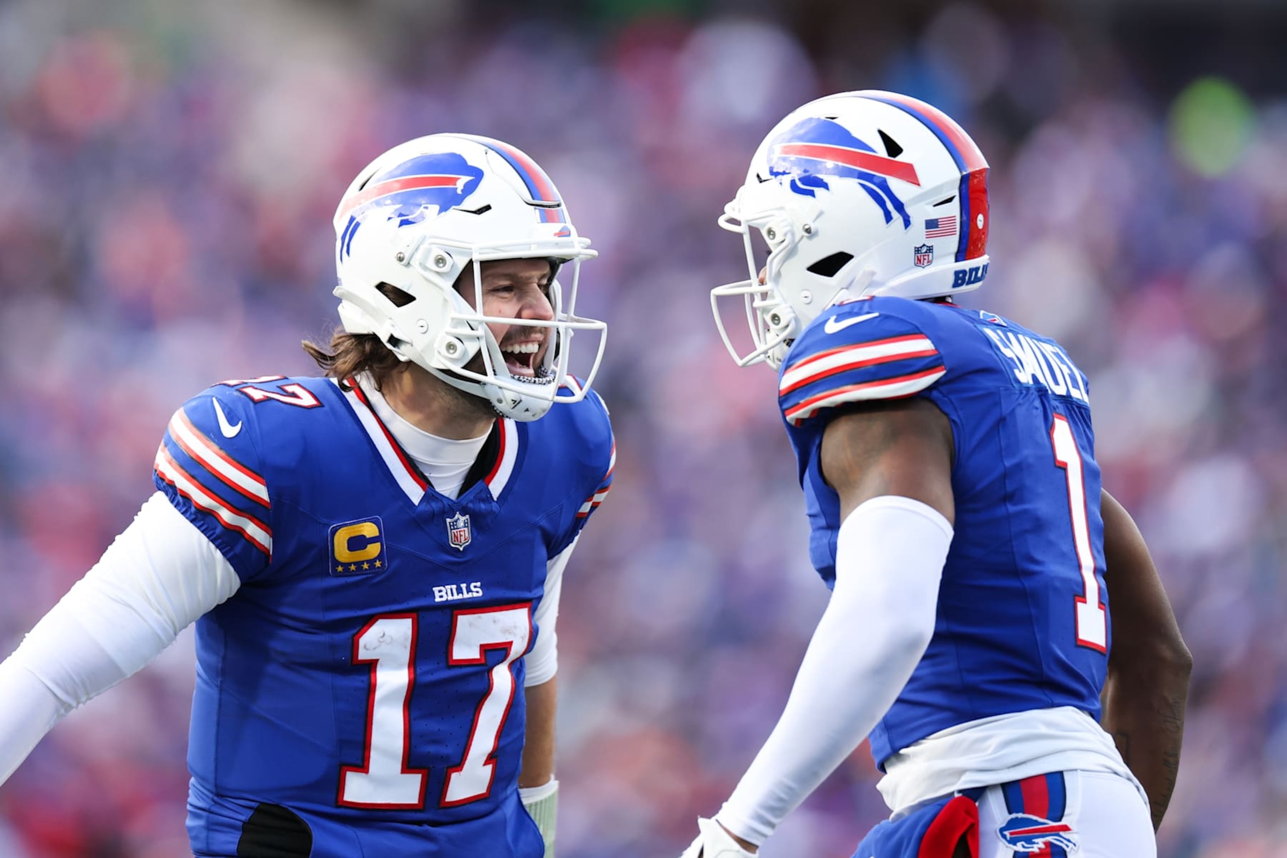 ORCHARD PARK, NEW YORK - JANUARY 12: Josh Allen #17 of the Buffalo Bills celebrates with Curtis Samuel #1 of the Buffalo Bills after a touchdown is scored during the fourth quarter against the Denver Broncos at Highmark Stadium on January 12, 2025 in Orchard Park, New York. (Photo by Kathryn Riley/Getty Images) ORCHARD PARK, NEW YORK - JANUARY 12: Josh Allen #17 of the Buffalo Bills celebrates with Curtis Samuel #1 of the Buffalo Bills after a touchdown is scored during the fourth quarter against the Denver Broncos at Highmark Stadium on January 12, 2025 in Orchard Park, New York. (Photo by Kathryn Riley/Getty Images)