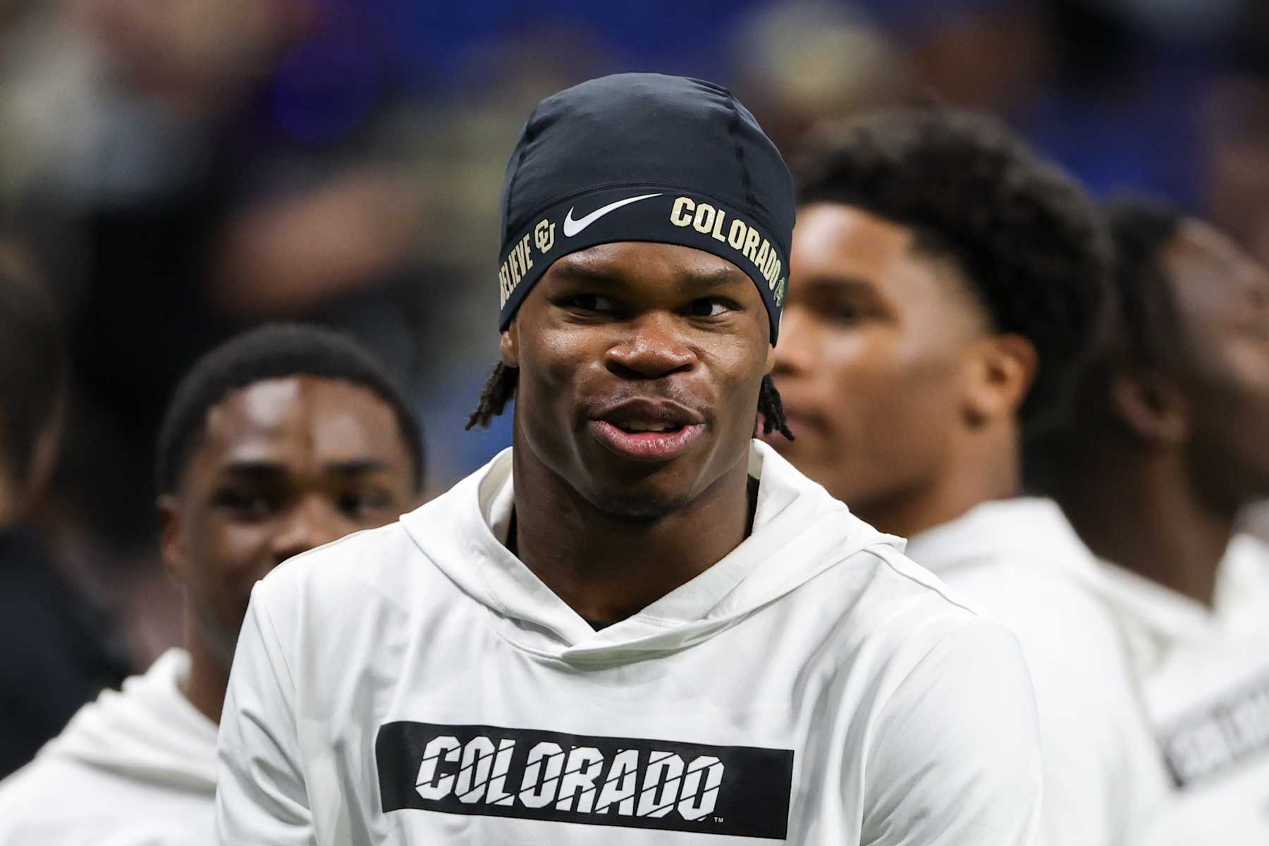 SAN ANTONIO, TX - DECEMBER 28: Colorado Buffaloes wide receiver Travis Hunter (12) on the field before  the football game between BYU Cougars and Colorado Buffalos on December 28, 2024, at the Alamodome in San Antonio, Texas. (Photo by David Buono/Icon Sportswire via Getty Images)