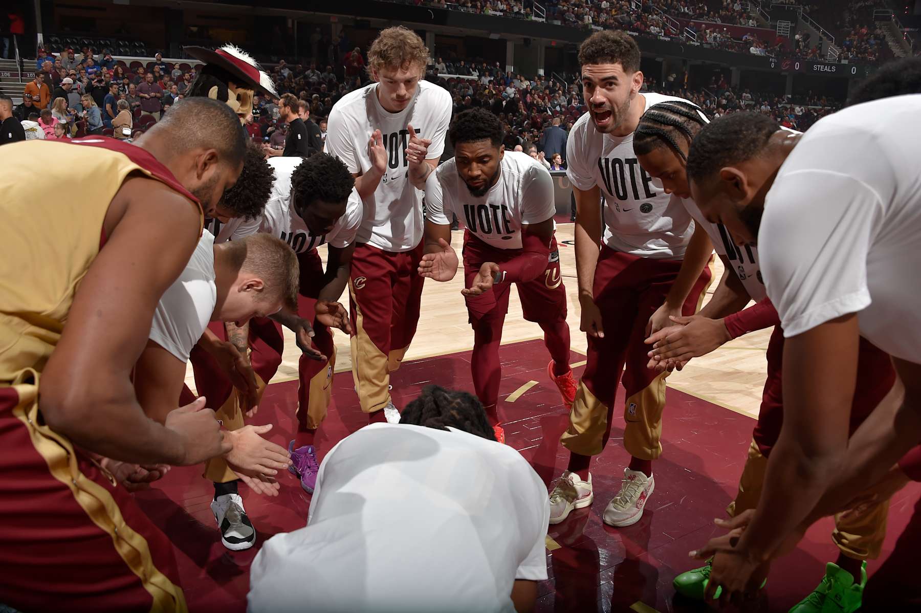 CLEVELAND, OH - NOVEMBER 4: Cleveland Cavaliers huddle up before the game against the Milwaukee Bucks on November 4, 2024 at Rocket Mortgage FieldHouse in Cleveland, Ohio. NOTE TO USER: User expressly acknowledges and agrees that, by downloading and/or using this Photograph, user is consenting to the terms and conditions of the Getty Images License Agreement. Mandatory Copyright Notice: Copyright 2024 NBAE (Photo by David Liam Kyle/NBAE via Getty Images)
