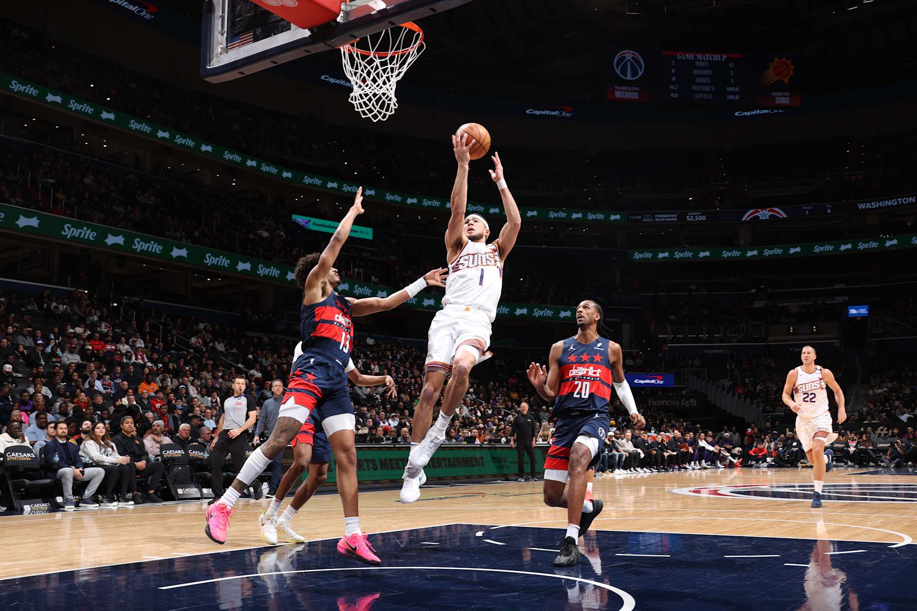 WASHINGTON, DC - JANUARY 16 : Devin Booker #1 of the Phoenix Suns shoots the ball during the game against the Washington Wizards on January 16, 2025 at Capital One Arena in Washington, DC. NOTE TO USER: User expressly acknowledges and agrees that, by downloading and or using this Photograph, user is consenting to the terms and conditions of the Getty Images License Agreement. Mandatory Copyright Notice: Copyright 2024 NBAE (Photo by Stephen Gosling/NBAE via Getty Images)