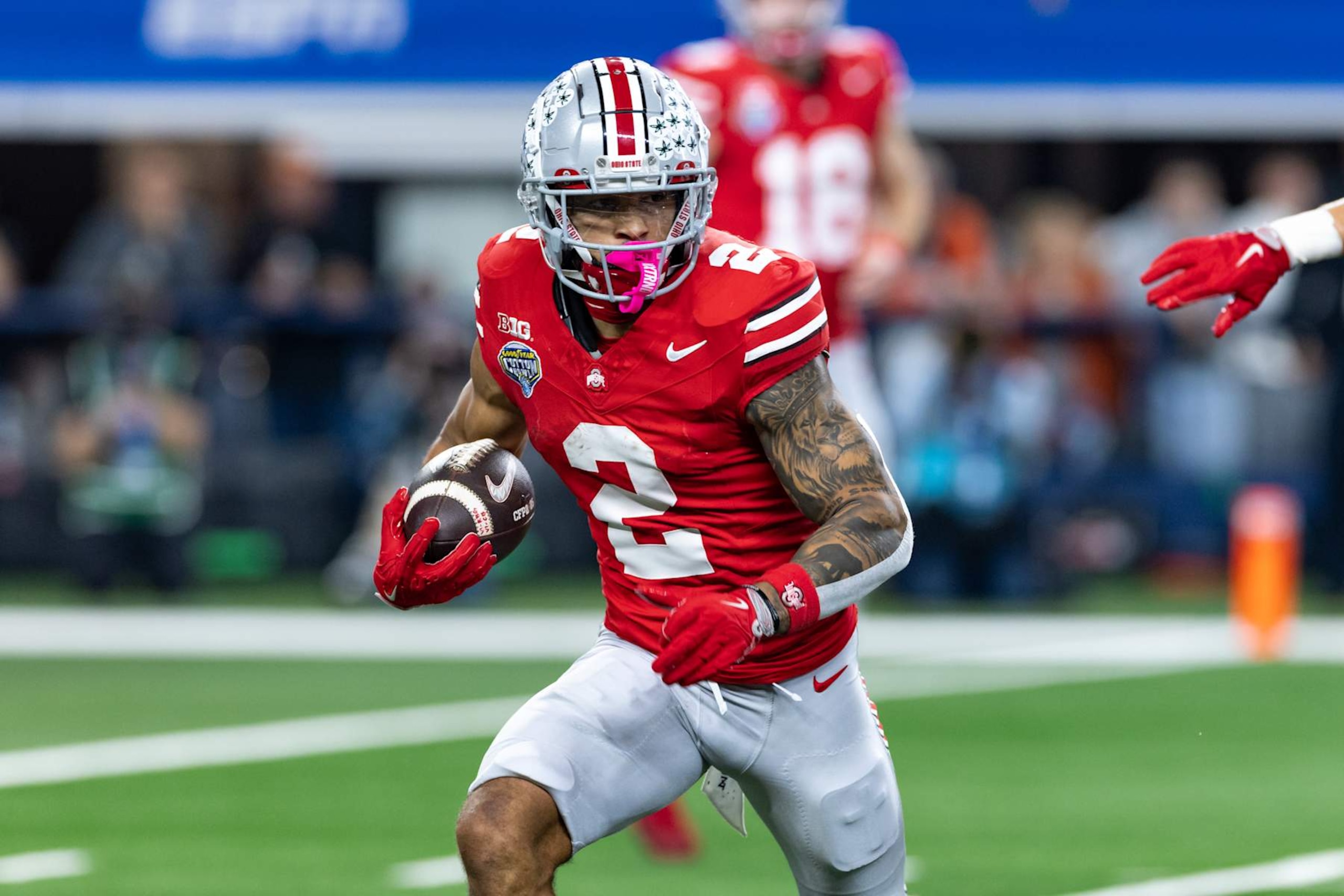 ARLINGTON, TX - JANUARY 10: Ohio State Buckeyes wide receiver Emeka Egbuka (#2) runs up field during the CFP Semifinal Cotton Bowl Classic football game between the Ohio State Buckeyes and Texas Longhorns on January 10, 2025 at AT&T Stadium in Arlington, TX. (Photo by Matthew Visinsky/Icon Sportswire via Getty Images) ARLINGTON, TX - JANUARY 10: Ohio State Buckeyes wide receiver Emeka Egbuka (#2) runs up field during the CFP Semifinal Cotton Bowl Classic football game between the Ohio State Buckeyes and Texas Longhorns on January 10, 2025 at AT&T Stadium in Arlington, TX. (Photo by Matthew Visinsky/Icon Sportswire via Getty Images)
