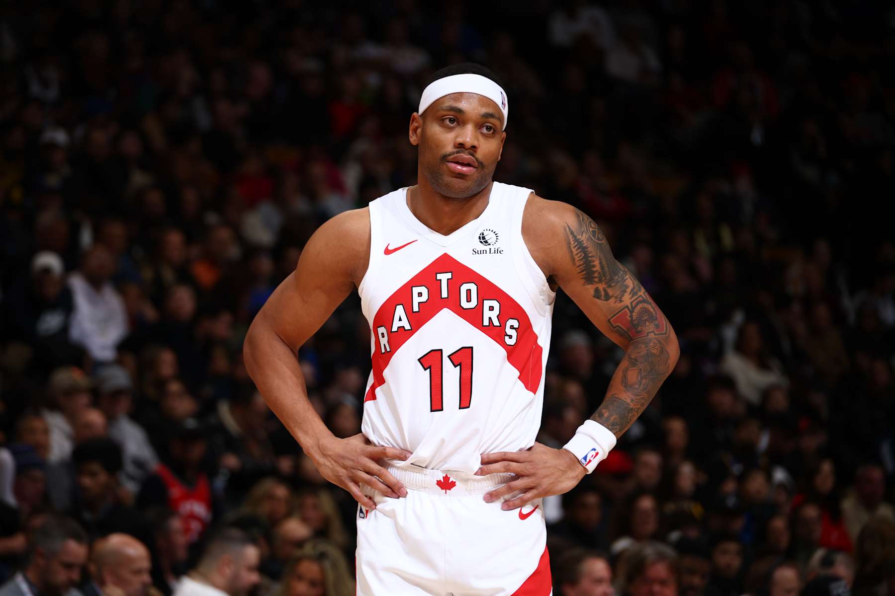 TORONTO, CANADA - JANUARY 13: Bruce Brown #11 of the Toronto Raptors looks on during the game against the Golden State Warriors on January 13, 2025 at the Scotiabank Arena in Toronto, Ontario, Canada.  NOTE TO USER: User expressly acknowledges and agrees that, by downloading and or using this Photograph, user is consenting to the terms and conditions of the Getty Images License Agreement.  Mandatory Copyright Notice: Copyright 2025 NBAE (Photo by Vaughn Ridley/NBAE via Getty Images)