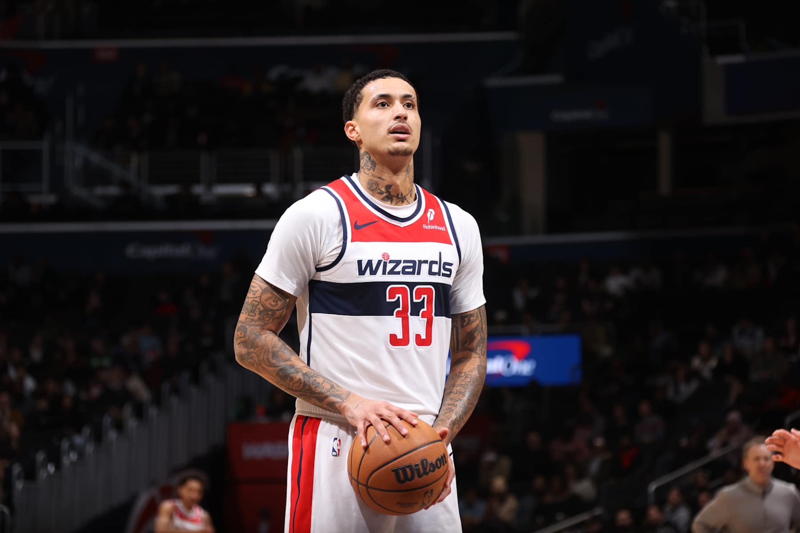 WASHINGTON, DC - JANUARY 13: Kyle Kuzma #33 of the Washington Wizards shoots a free throw during the game against the Minnesota Timberwolves on January 13, 2025 at Capital One Arena in Washington, DC. NOTE TO USER: User expressly acknowledges and agrees that, by downloading and or using this Photograph, user is consenting to the terms and conditions of the Getty Images License Agreement. Mandatory Copyright Notice: Copyright 2024 NBAE (Photo by Kenny Giarla/NBAE via Getty Images) WASHINGTON, DC - JANUARY 13: Kyle Kuzma #33 of the Washington Wizards shoots a free throw during the game against the Minnesota Timberwolves on January 13, 2025 at Capital One Arena in Washington, DC. NOTE TO USER: User expressly acknowledges and agrees that, by downloading and or using this Photograph, user is consenting to the terms and conditions of the Getty Images License Agreement. Mandatory Copyright Notice: Copyright 2024 NBAE (Photo by Kenny Giarla/NBAE via Getty Images)
