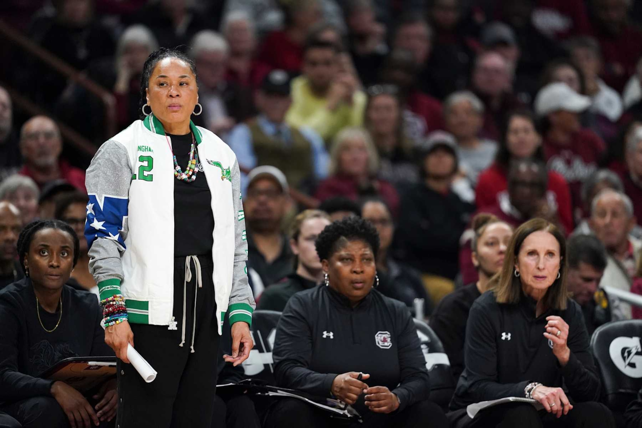 COLUMBIA, SOUTH CAROLINA - JANUARY 12: Head coach Dawn Staley of the South Carolina Gamecocks watches from the sideline during the fourth quarter of an NCAA women's basketball game against the Texas Longhorns at Colonial Life Arena on January 12, 2024 in Columbia, South Carolina. The South Carolina Gamecocks won 67-50. (Photo by Sean Rayford/Getty Images) COLUMBIA, SOUTH CAROLINA - JANUARY 12: Head coach Dawn Staley of the South Carolina Gamecocks watches from the sideline during the fourth quarter of an NCAA women's basketball game against the Texas Longhorns at Colonial Life Arena on January 12, 2024 in Columbia, South Carolina. The South Carolina Gamecocks won 67-50. (Photo by Sean Rayford/Getty Images)