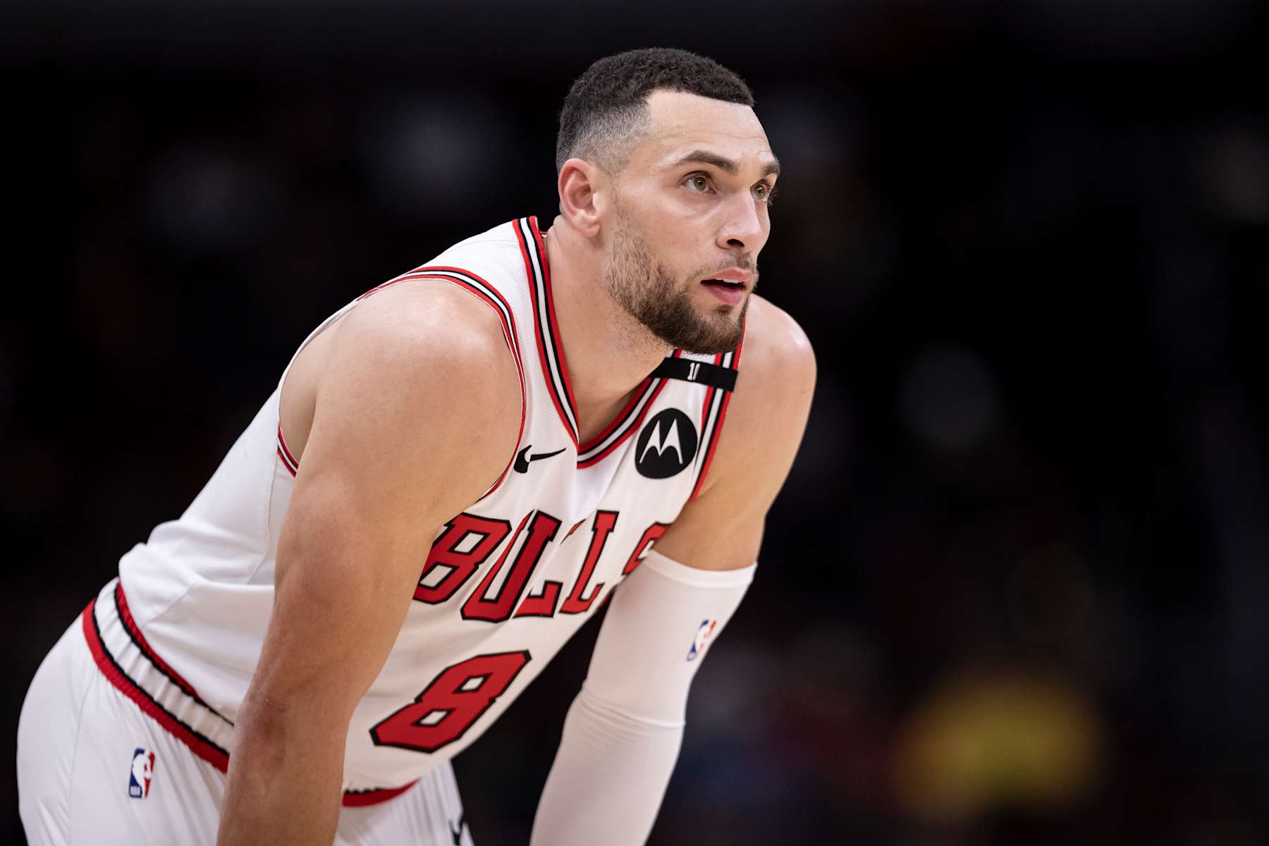 CHICAGO, ILLINOIS - JANUARY 14: Zach Lavine #8 of the Chicago Bulls looks on during the first half against the New Orleans Pelicans at the United Center on January 14, 2025 in Chicago, Illinois. NOTE TO USER: User expressly acknowledges and agrees that, by downloading and or using this Photograph, user is consenting to the terms and conditions of the Getty Images License Agreement. (Photo by Griffin Quinn/Getty Images)
