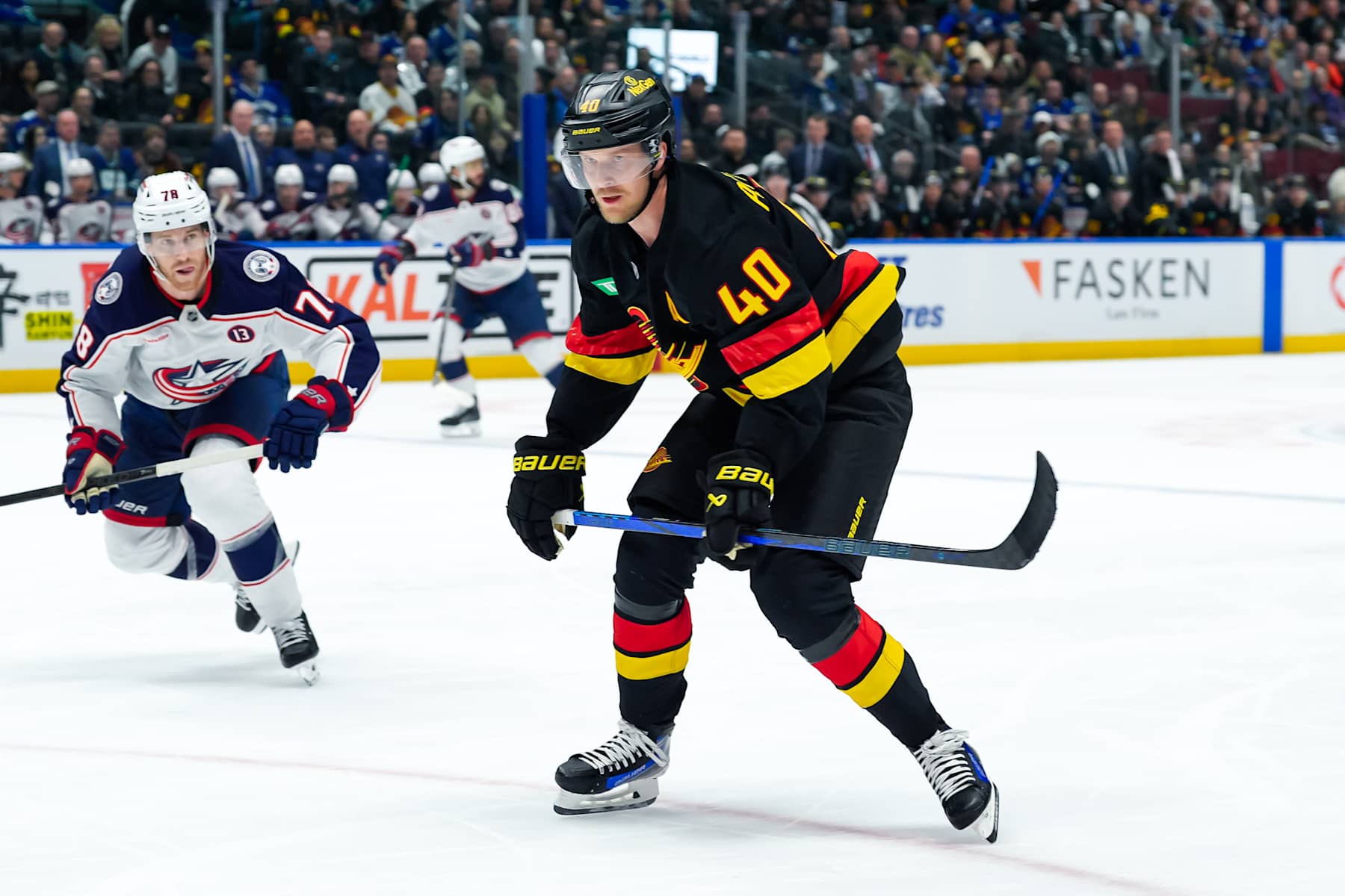 VANCOUVER, CANADA - DECEMBER 6: Elias Pettersson #40 of the Vancouver Canucks skates during the first period of their NHL game against the Columbus Blue Jackets at Rogers Arena on December 6, 2024 in Vancouver, British Columbia, Canada. (Photo by Derek Cain/Getty Images)