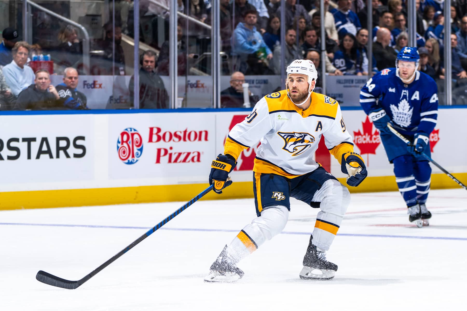 TORONTO, ON - DECEMBER 9: Ryan O'Reilly #90 of the Nashville Predators skates against the Toronto Maple Leafs during the first period at the Scotiabank Arena on December 9, 2023 in Toronto, Ontario, Canada. (Photo by Kevin Sousa/NHLI via Getty Images)