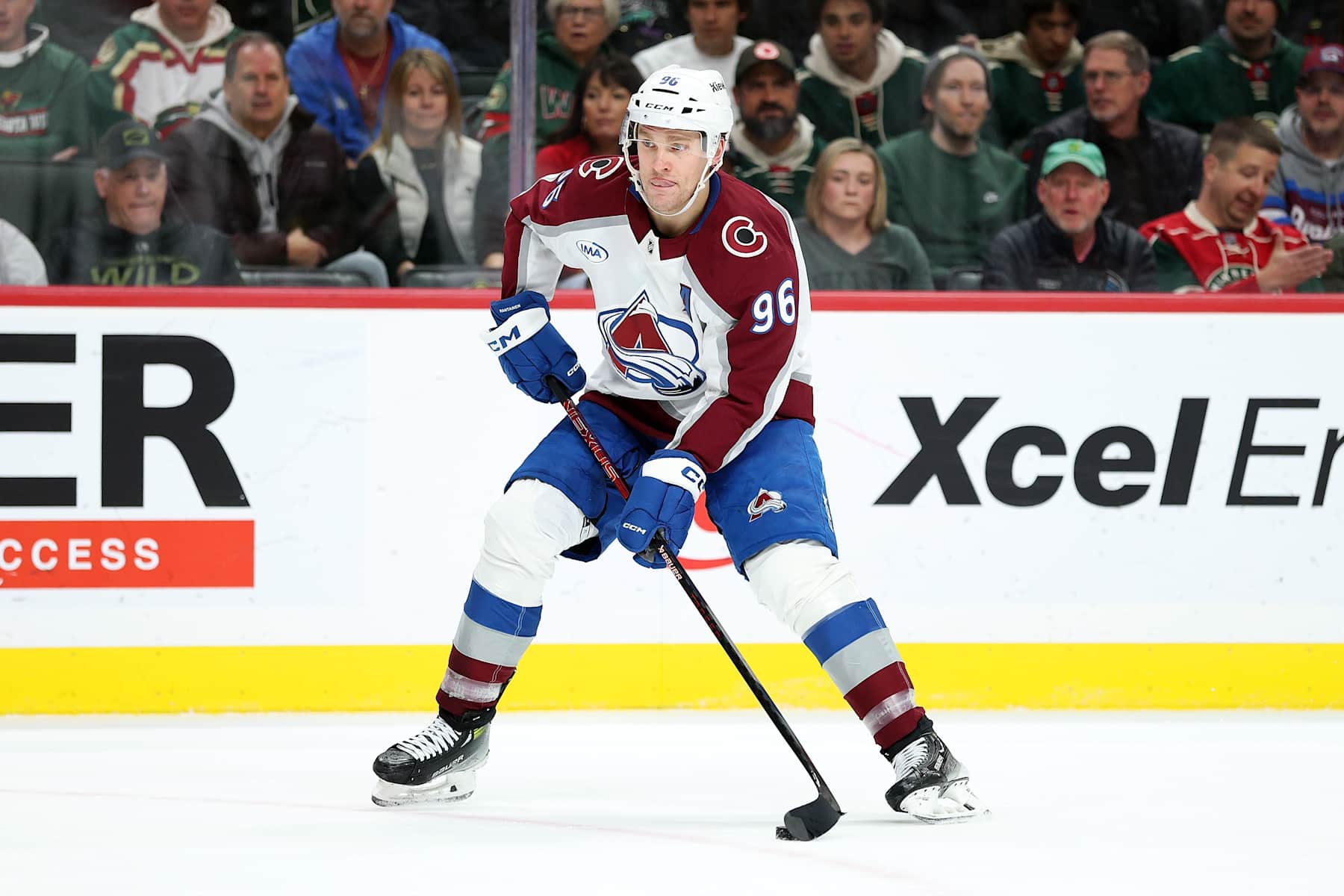 ST PAUL, MINNESOTA - JANUARY 09: Mikko Rantanen #96 of the Colorado Avalanche skates with the puck against the Minnesota Wild in the first period at Xcel Energy Center on January 09, 2025 in St Paul, Minnesota. (Photo by David Berding/Getty Images)