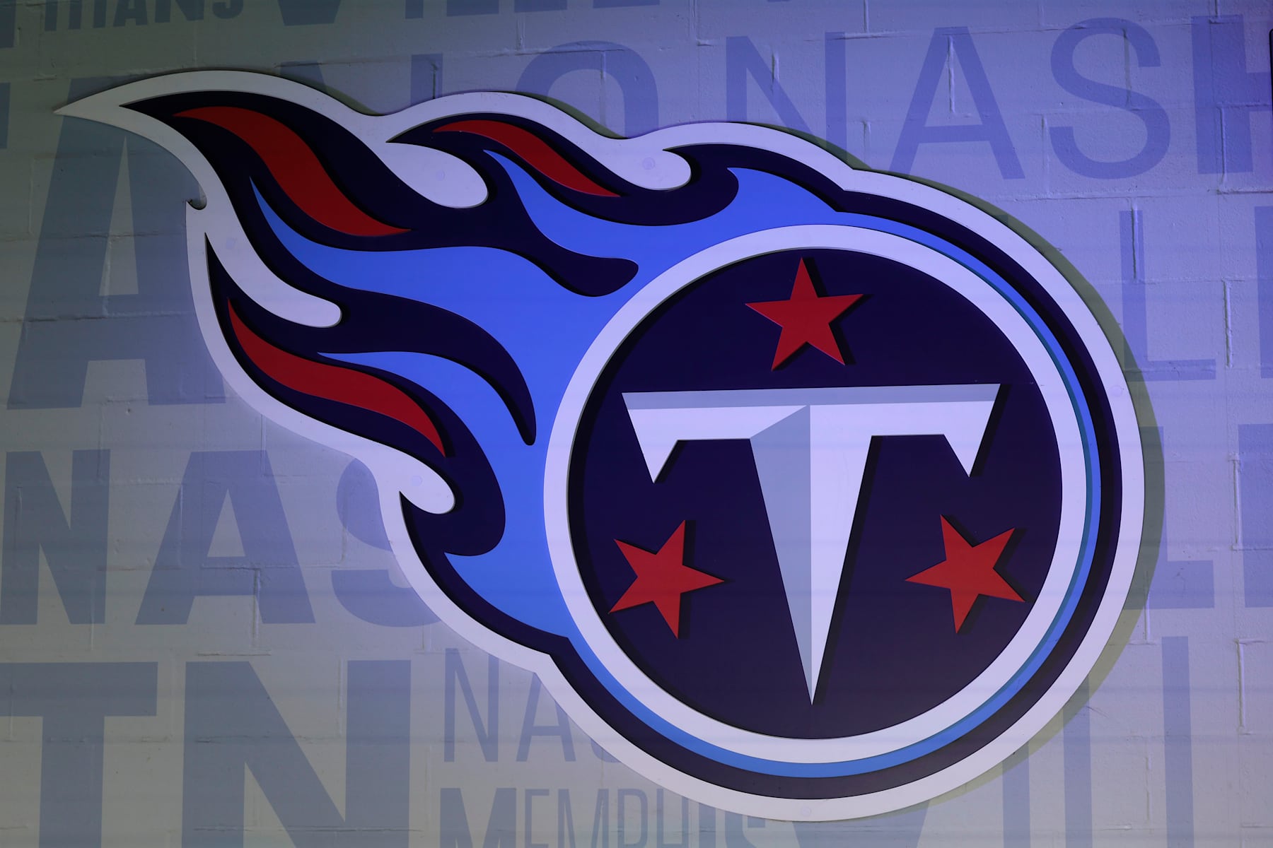 NASHVILLE, TENNESSEE - NOVEMBER 17: A details view of the Tennessee Titans logo at Nissan Stadium on November 17, 2024 in Nashville, Tennessee. (Photo by Wesley Hitt/Getty Images)