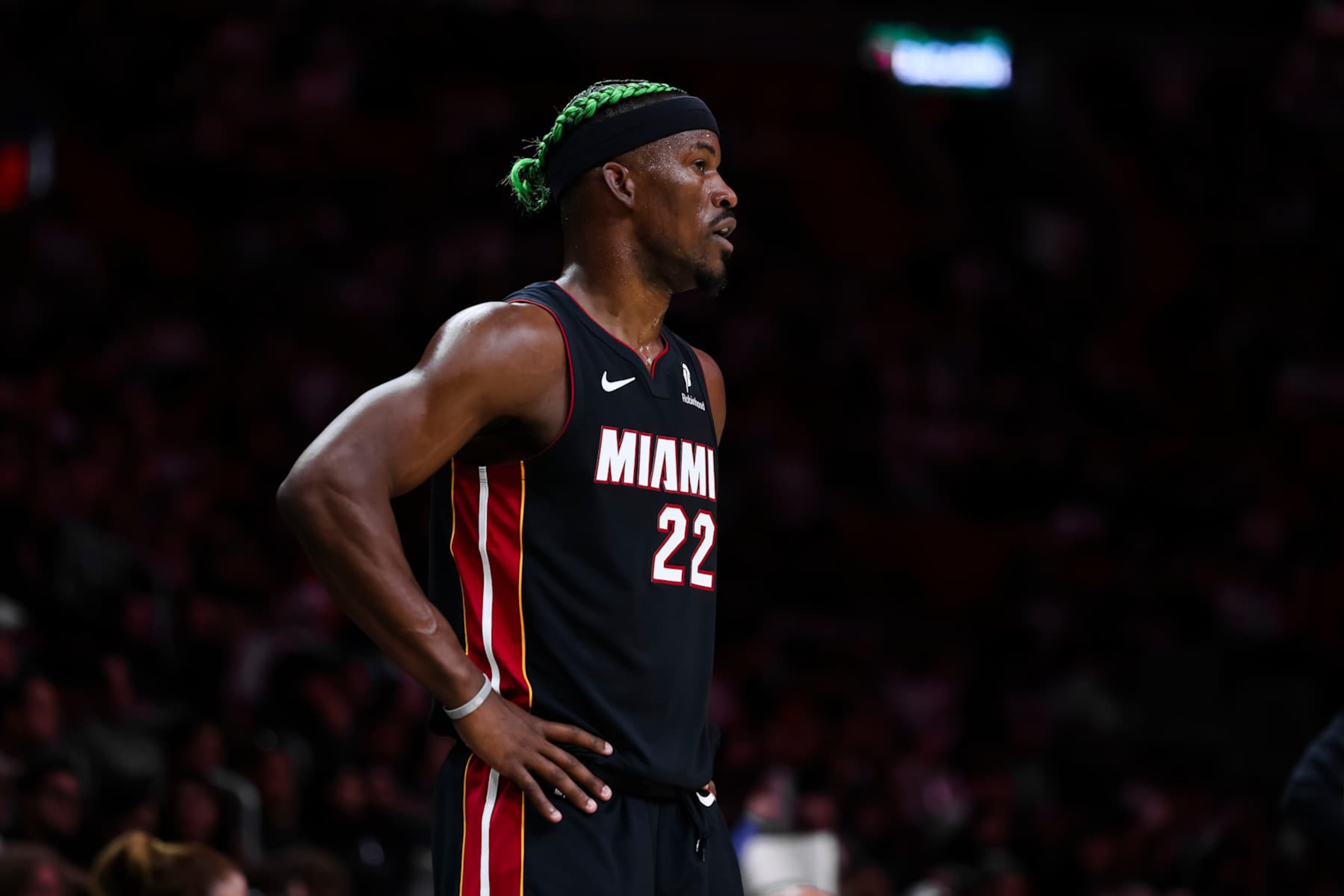 MIAMI, FLORIDA - JANUARY 02: Jimmy Butler #22 of the Miami Heat looks on during the first quarter against the Indiana Pacers at Kaseya Center on January 02, 2025 in Miami, Florida. NOTE TO USER: User expressly acknowledges and agrees that, by downloading and or using this photograph, User is consenting to the terms and conditions of the Getty Images License Agreement. (Photo by Brennan Asplen/Getty Images) MIAMI, FLORIDA - JANUARY 02: Jimmy Butler #22 of the Miami Heat looks on during the first quarter against the Indiana Pacers at Kaseya Center on January 02, 2025 in Miami, Florida. NOTE TO USER: User expressly acknowledges and agrees that, by downloading and or using this photograph, User is consenting to the terms and conditions of the Getty Images License Agreement. (Photo by Brennan Asplen/Getty Images)