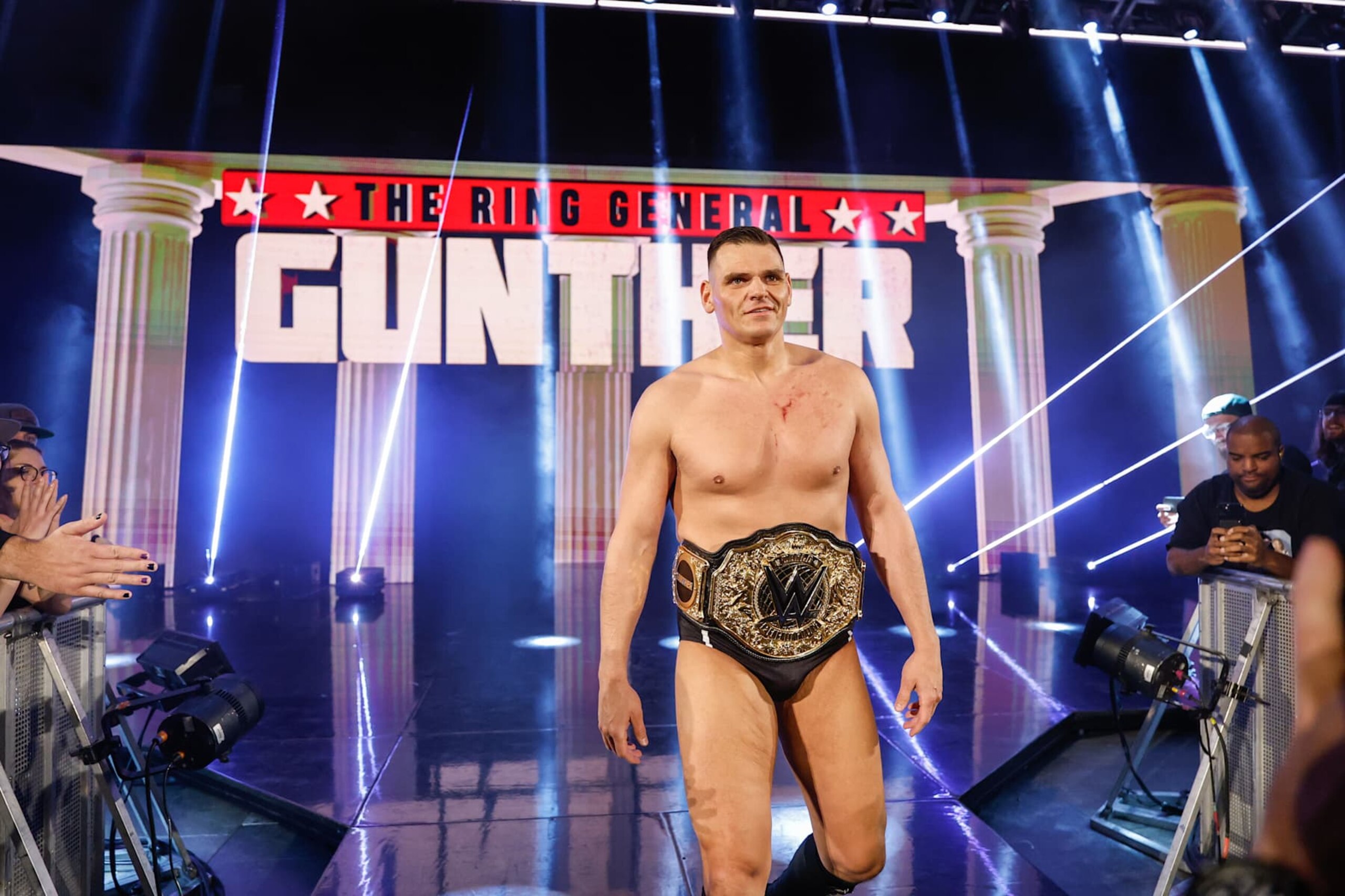 EVERETT, WASHINGTON - DECEMBER 2: Gunther makes his way to the ring during Monday Night RAW at Angel of the Winds Arena on December 2, 2024 in Everett, Washington. (Photo by WWE/Getty Images) EVERETT, WASHINGTON - DECEMBER 2: Gunther makes his way to the ring during Monday Night RAW at Angel of the Winds Arena on December 2, 2024 in Everett, Washington. (Photo by WWE/Getty Images)