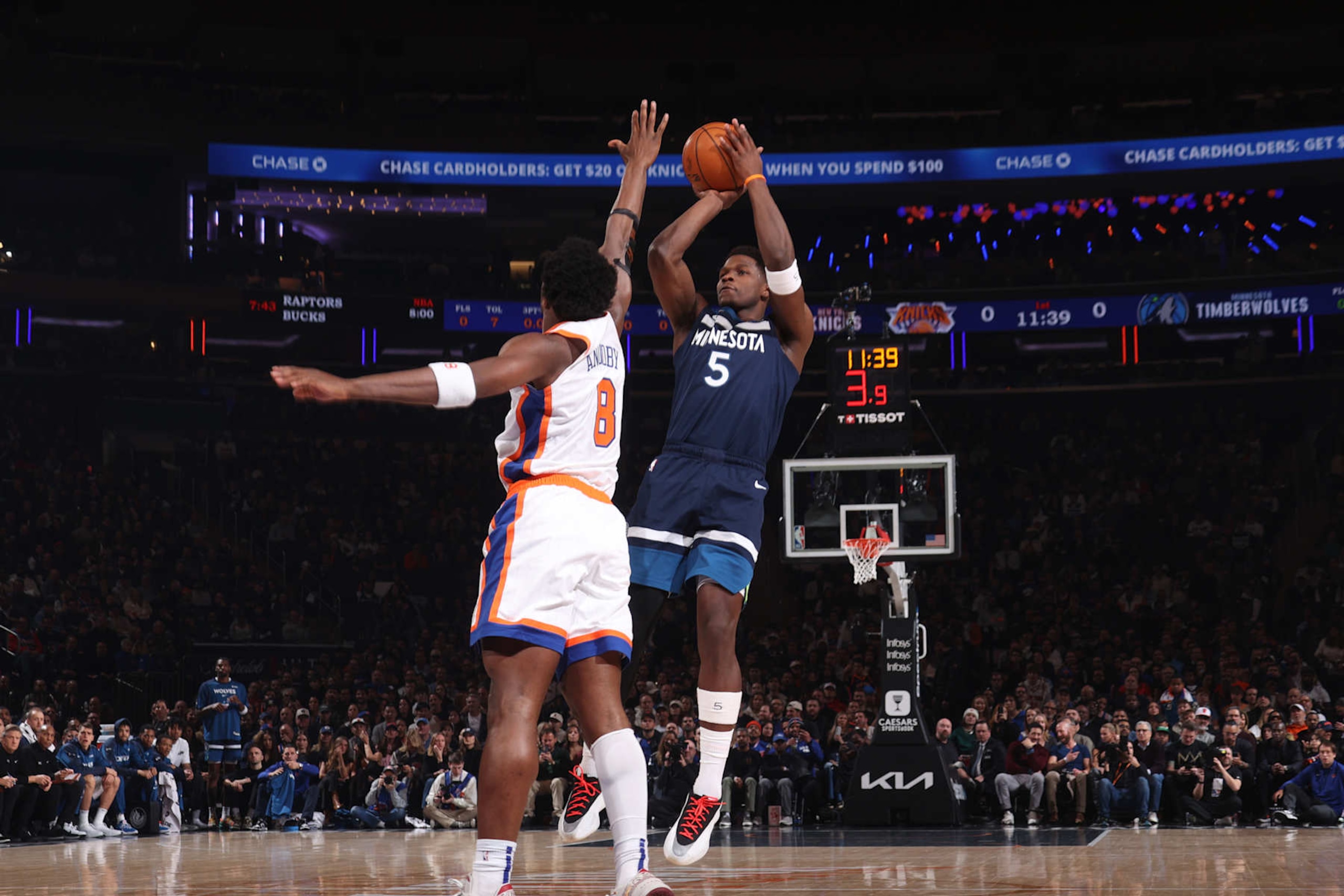 NEW YORK, NY - JANUARY 17: Anthony Edwards #5 of the Minnesota Timberwolves shoots the ball during the game against the New York Knicks on January 17, 2025 at Madison Square Garden in New York City, New York. NOTE TO USER: User expressly acknowledges and agrees that, by downloading and or using this photograph, User is consenting to the terms and conditions of the Getty Images License Agreement. Mandatory Copyright Notice: Copyright 2025 NBAE (Photo by Nathaniel S. Butler/NBAE via Getty Images) NEW YORK, NY - JANUARY 17: Anthony Edwards #5 of the Minnesota Timberwolves shoots the ball during the game against the New York Knicks on January 17, 2025 at Madison Square Garden in New York City, New York. NOTE TO USER: User expressly acknowledges and agrees that, by downloading and or using this photograph, User is consenting to the terms and conditions of the Getty Images License Agreement. Mandatory Copyright Notice: Copyright 2025 NBAE (Photo by Nathaniel S. Butler/NBAE via Getty Images)