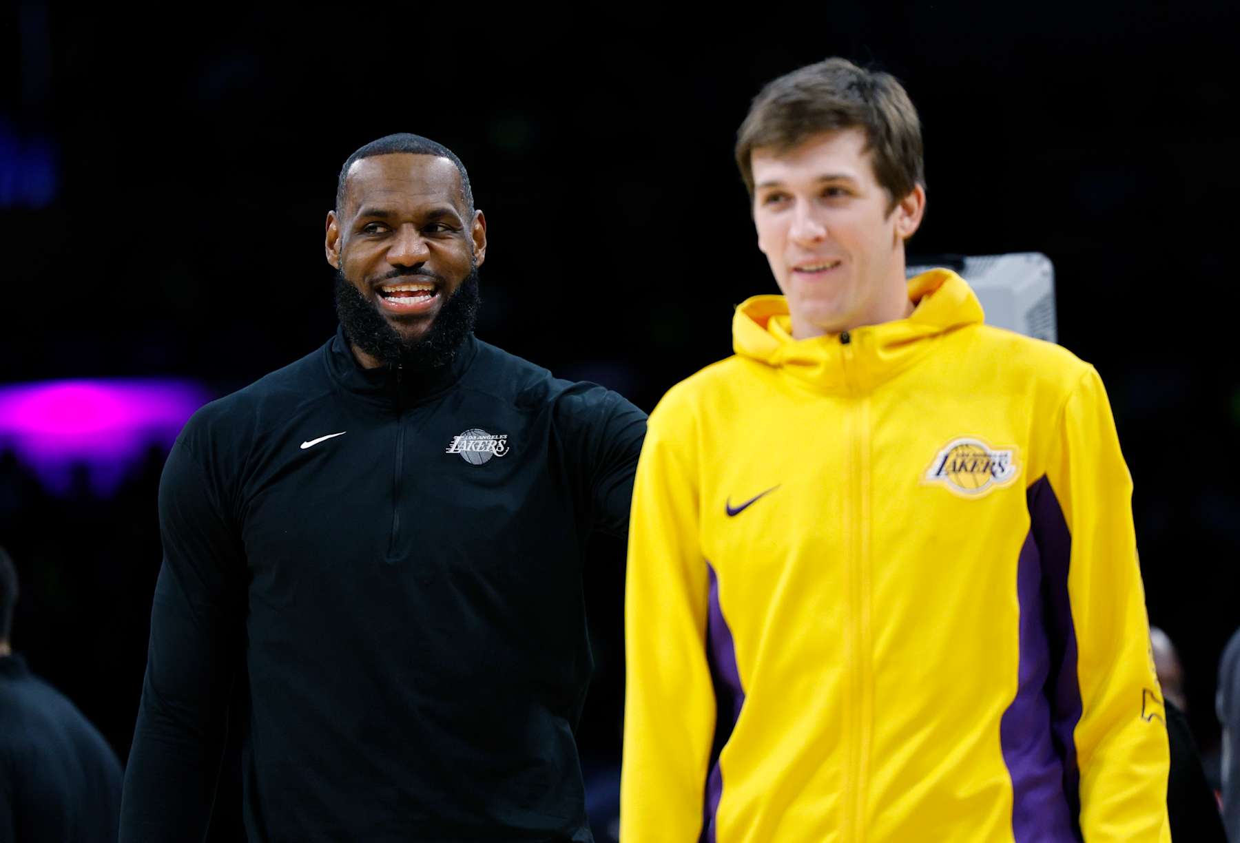LOS ANGELES, CALIFORNIA - JANUARY 5: LeBron James #23 and Austin Reaves #15 of the Los Angeles Lakers prior to the start of the game against the Memphis Grizzlies at Crypto.com Arena on January 5, 2024 in Los Angeles, California. NOTE TO USER: User expressly acknowledges and agrees that, by downloading and or using this photograph, User is consenting to the terms and conditions of the Getty Images License Agreement. (Photo by Kevork Djansezian/Getty Images)