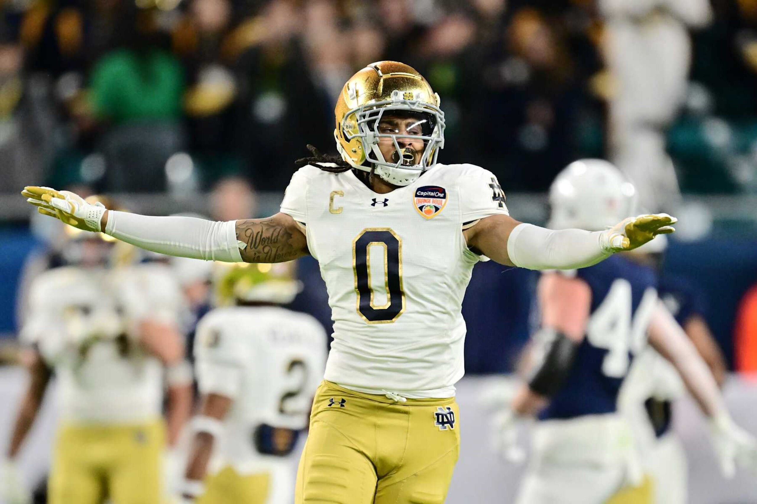 MIAMI GARDENS, FLORIDA - JANUARY 9: Xavier Watts #0 of the Notre Dame Fighting Irish reacts after a third down stop against the Penn State Nittany Lions during the first half of the 2025 Orange Bowl at Hard Rock Stadium on January 9, 2025 in Miami Gardens, Florida. (Photo by CFP/Getty Images) MIAMI GARDENS, FLORIDA - JANUARY 9: Xavier Watts #0 of the Notre Dame Fighting Irish reacts after a third down stop against the Penn State Nittany Lions during the first half of the 2025 Orange Bowl at Hard Rock Stadium on January 9, 2025 in Miami Gardens, Florida. (Photo by CFP/Getty Images)