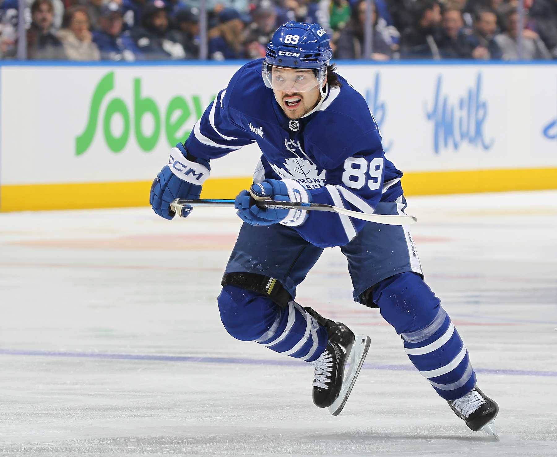 TORONTO, CANADA - JANUARY 14:  Nicholas Robertson #89 of the Toronto Maple Leafs skates against the Dallas Stars during the second period in an NHL game at Scotiabank Arena on January 14, 2025 in Toronto, Ontario, Canada.  (Photo by Claus Andersen/Getty Images)