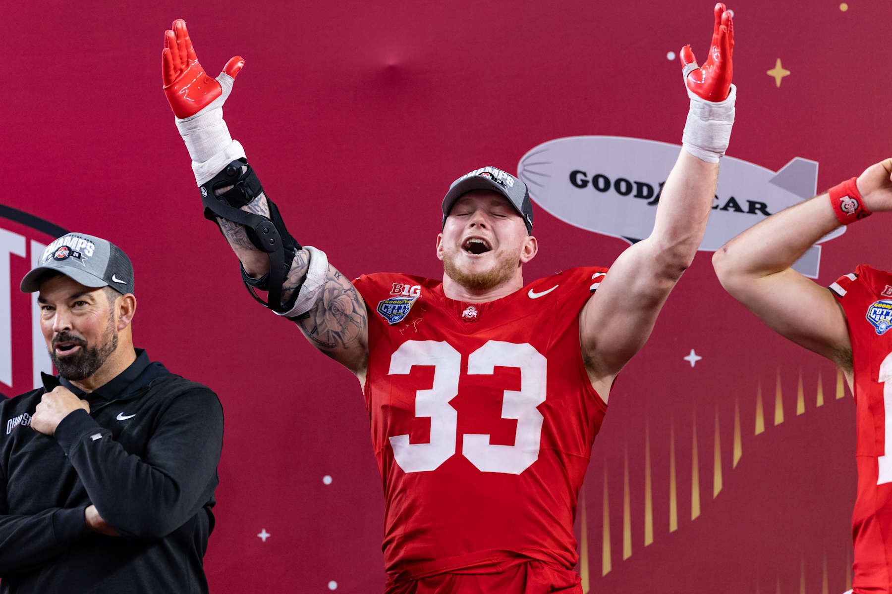 ARLINGTON, TX - JANUARY 10: Ohio State Buckeyes defensive end Jack Sawyer (#33) celebrates after winning the CFP Semifinal Cotton Bowl Classic football game between the Ohio State Buckeyes and Texas Longhorns on January 10, 2025 at AT&T Stadium in Arlington, TX.  (Photo by Matthew Visinsky/Icon Sportswire via Getty Images)