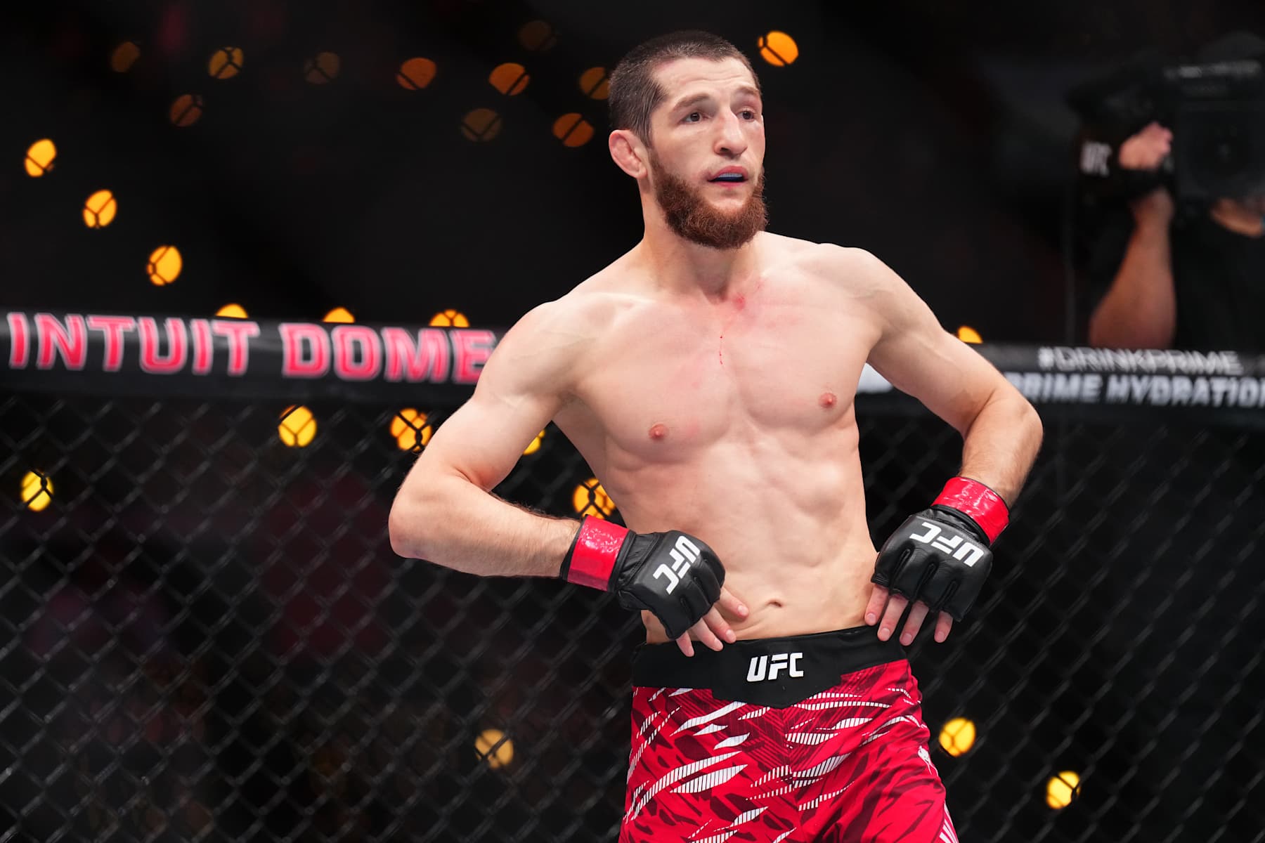INGLEWOOD, CALIFORNIA - JANUARY 18: Tagir Ulanbekov of Russia looks on against Clayton Carpenter in a flyweight fight during the UFC 311 event at Intuit Dome on January 18, 2025 in Inglewood, California. (Photo by Cooper Neill/Zuffa LLC)