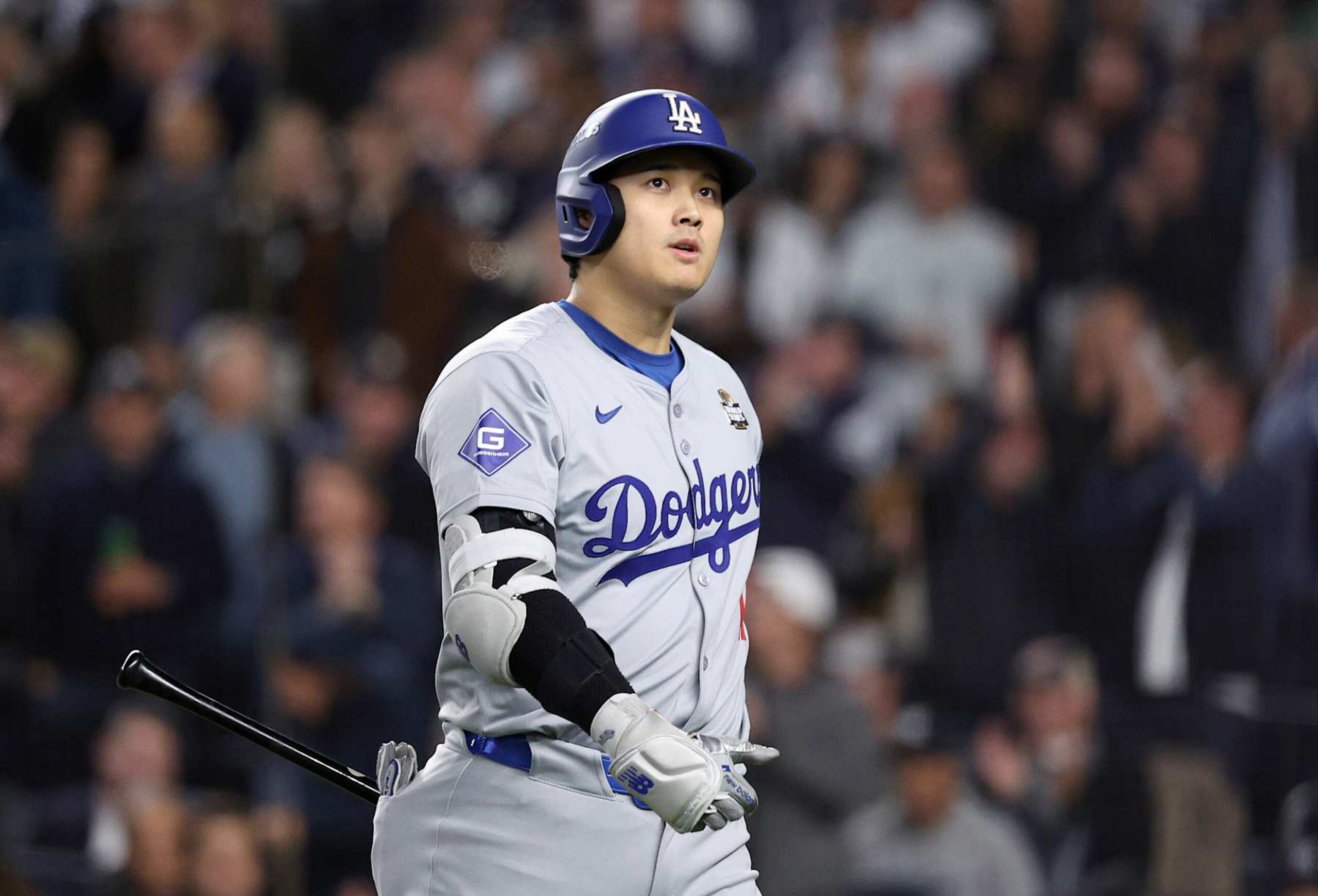 NEW YORK, NEW YORK - OCTOBER 29: Shohei Ohtani #17 of the Los Angeles Dodgers strikes out during the seventh inning of Game Four of the 2024 World Series against the New York Yankees at Yankee Stadium on October 29, 2024 in the Bronx borough of New York City. (Photo by Elsa/Getty Images) NEW YORK, NEW YORK - OCTOBER 29: Shohei Ohtani #17 of the Los Angeles Dodgers strikes out during the seventh inning of Game Four of the 2024 World Series against the New York Yankees at Yankee Stadium on October 29, 2024 in the Bronx borough of New York City. (Photo by Elsa/Getty Images)
