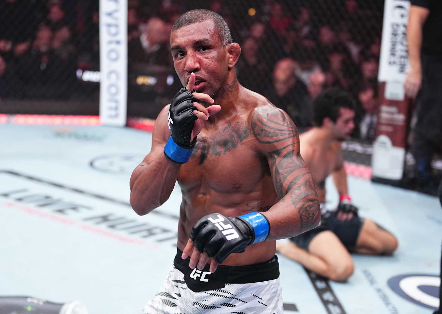 INGLEWOOD, CALIFORNIA - JANUARY 18: Raoni Barcelos of Brazil reacts after a bantamweight fight against Payton Talbott during the UFC 311 event at Intuit Dome on January 18, 2025 in Inglewood, California. (Photo by Jeff Bottari/Zuffa LLC)