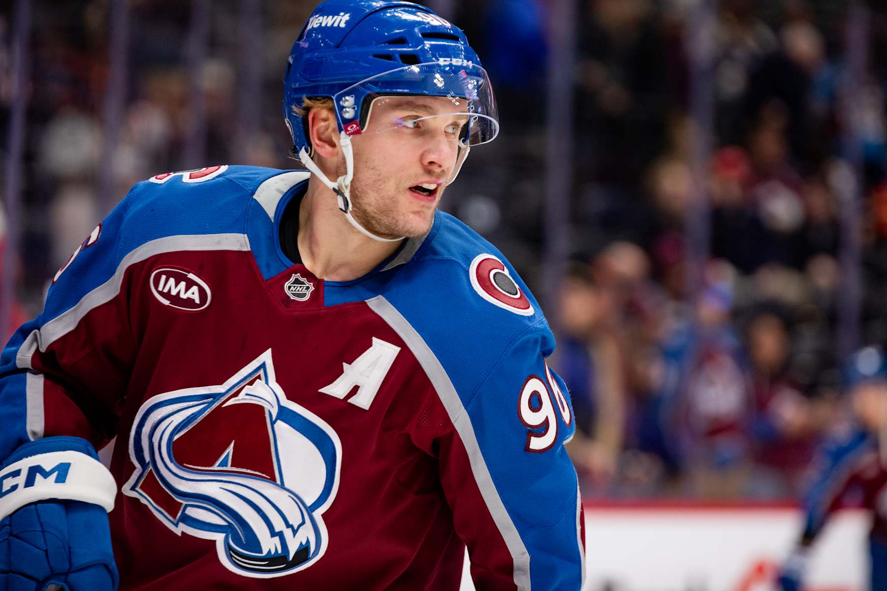 DENVER, COLORADO - JANUARY 16: Mikko Rantanen #96 of the Colorado Avalanche skates during warmups ahead of the game against the Edmonton Oilers at Ball Arena on January 16, 2025 in Denver, Colorado. (Photo by Ashley Potts/NHLI via Getty Images)