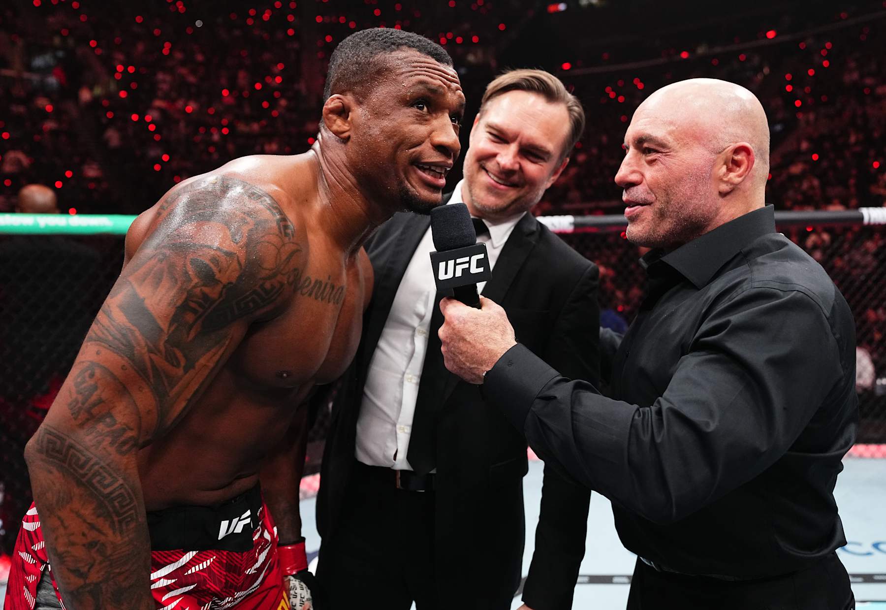 INGLEWOOD, CALIFORNIA - JANUARY 18: Jailton Almeida of Brazil reacts after a victory against Serghei Spivac of Moldova in a heavyweight fight during the UFC 311 event at Intuit Dome on January 18, 2025 in Inglewood, California. (Photo by Jeff Bottari/Zuffa LLC)