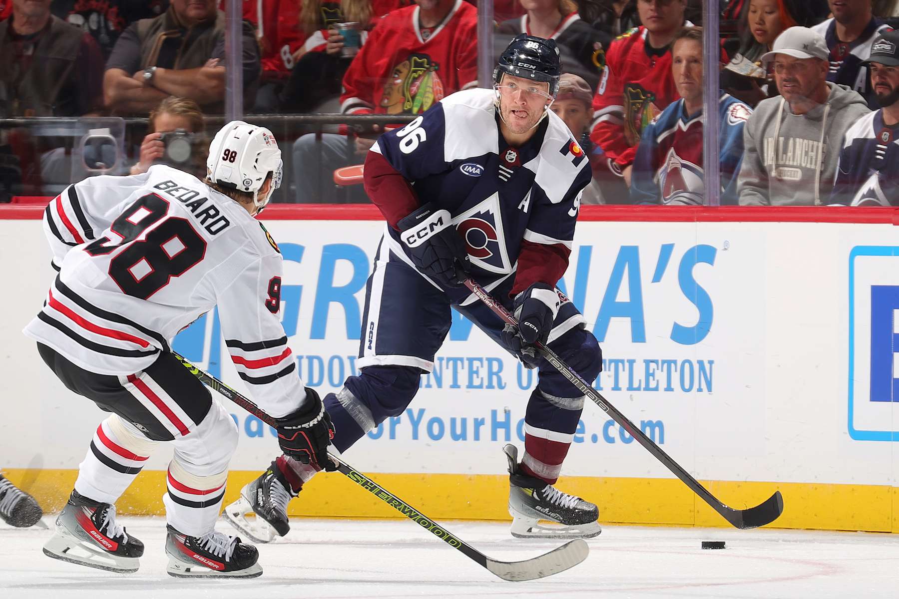 DENVER, COLORADO - OCTOBER 28: Mikko Rantanen #96 of the Colorado Avalanche skates against Connor Bedard #98 of the Chicago Blackhawks at Ball Arena on October 28, 2024 in Denver, Colorado. (Photo by Michael Martin/NHLI via Getty Images)