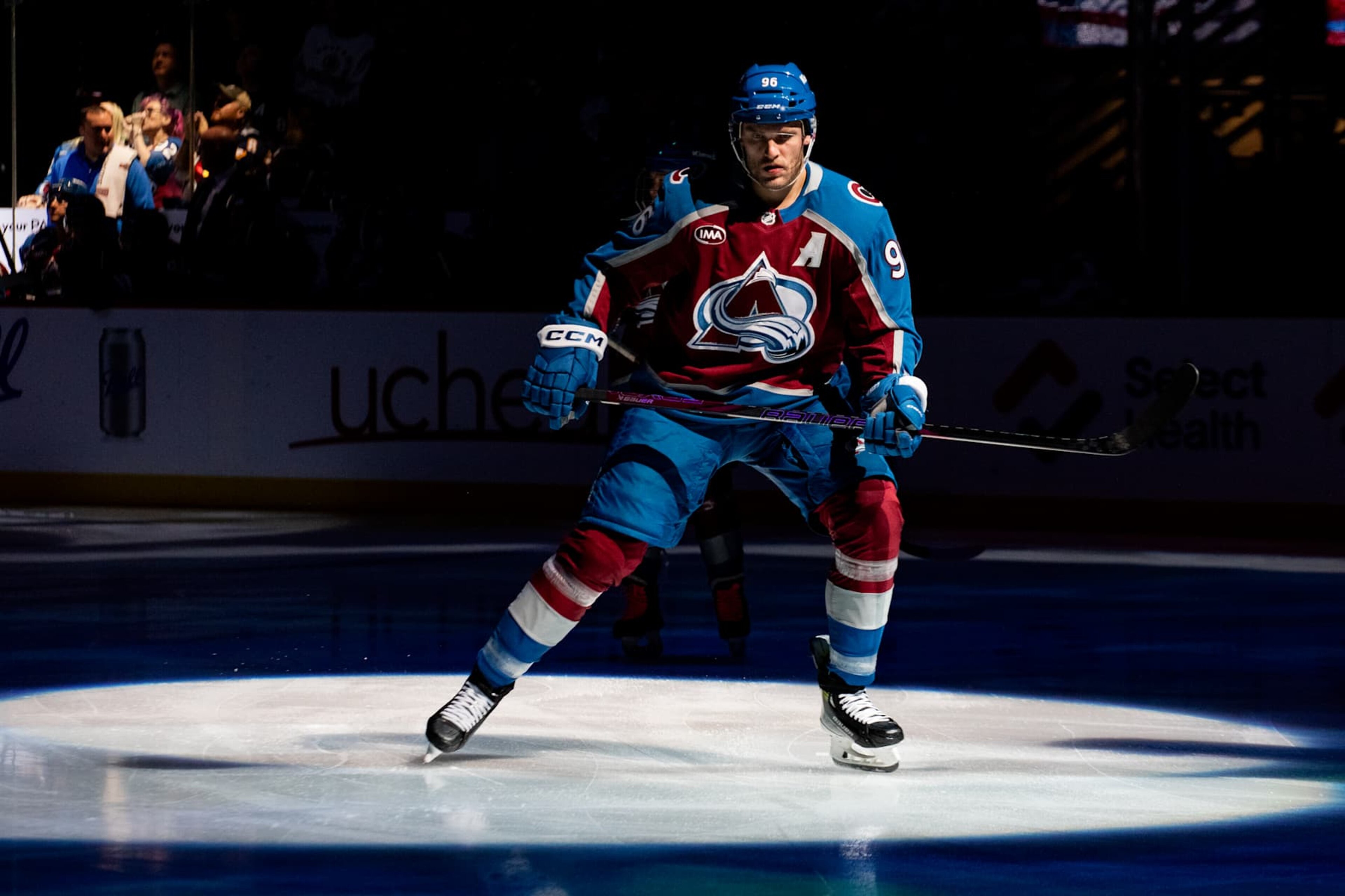 DENVER, COLORADO - OCTOBER 16: Mikko Rantanen #96 of the Colorado Avalanche skates in the spotlight ahed of the game against the Boston Bruins at Ball Arena on October 16, 2024 in Denver, Colorado. (Photo by Ashley Potts/NHLI via Getty Images) DENVER, COLORADO - OCTOBER 16: Mikko Rantanen #96 of the Colorado Avalanche skates in the spotlight ahed of the game against the Boston Bruins at Ball Arena on October 16, 2024 in Denver, Colorado. (Photo by Ashley Potts/NHLI via Getty Images)