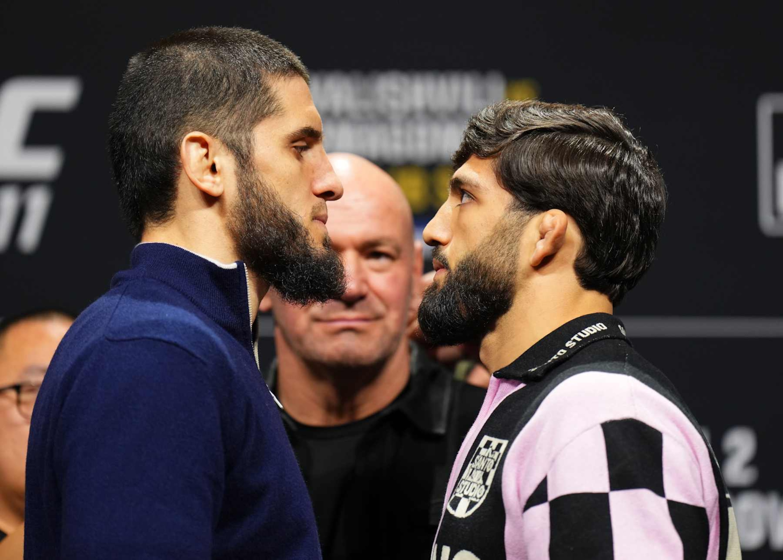 Islam Makhachev and Arman Tsarukyan square off. Islam Makhachev and Arman Tsarukyan square off.